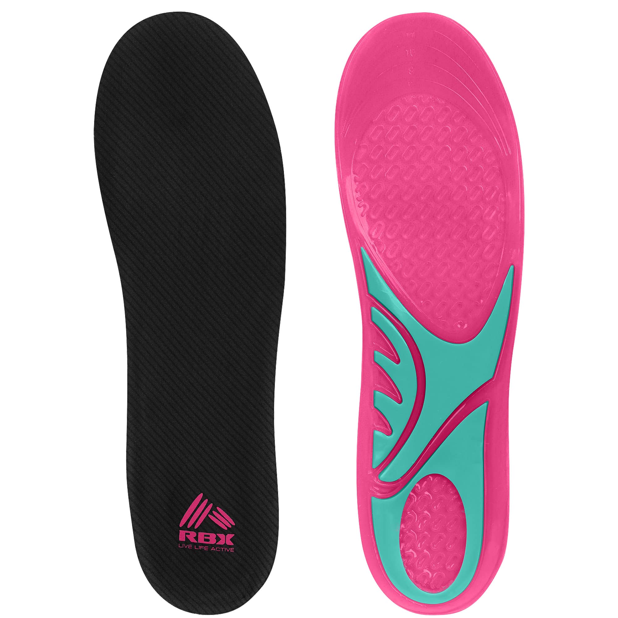 RBX Massaging Sport Gel Insoles for Women - All Day Comfort & Support, Full Length Cushioning (Size 6-10, Pink) - Perfect for Running, Walking & Standing Long Hours