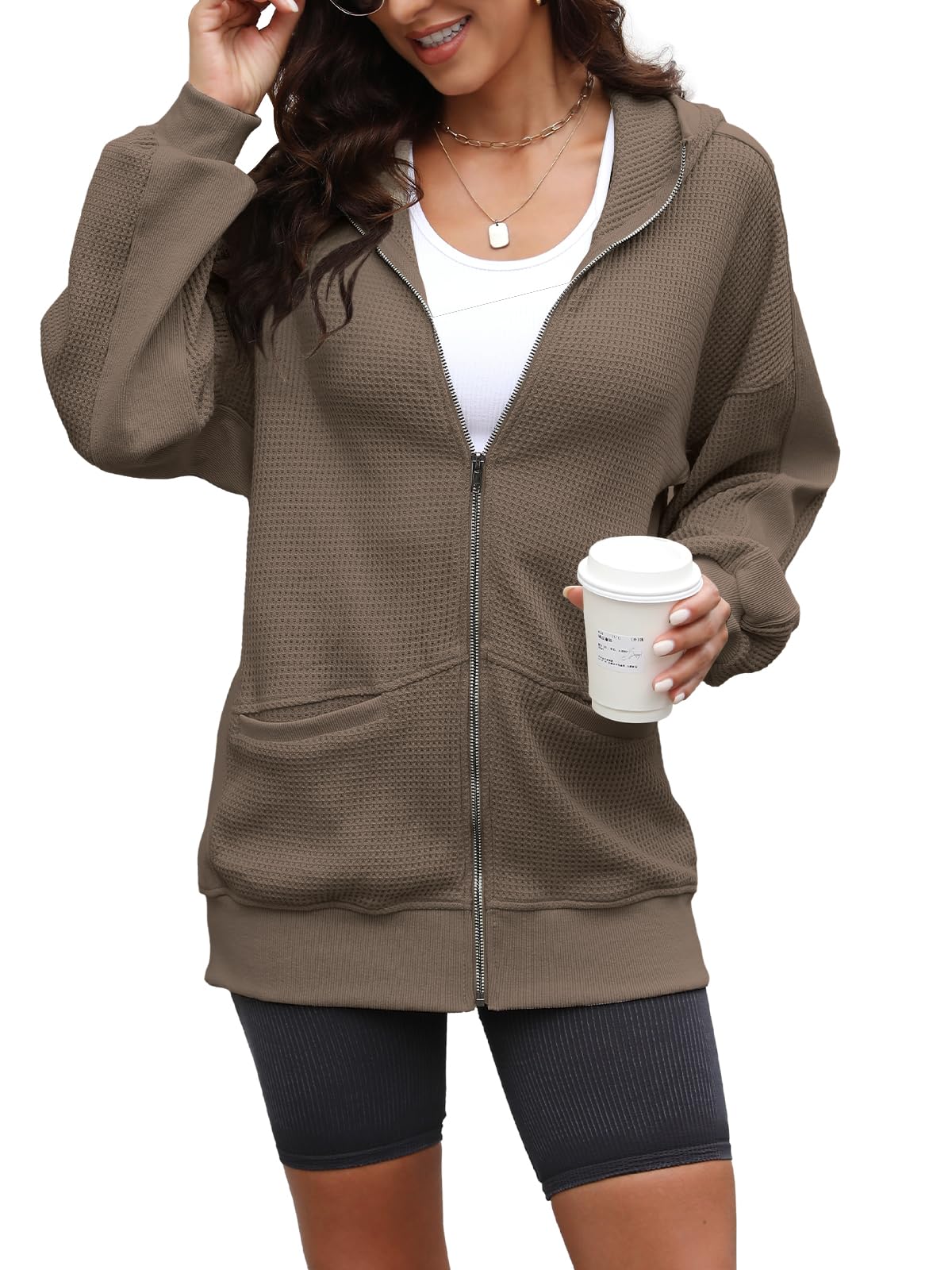 Yanekop Women's Oversized Zip-Up Hoodie Jacket - Waffle Knit Shacket with Pockets | Cozy Fall & Winter Outerwear for Casual Outfits, Layering & Streetwear Fashion