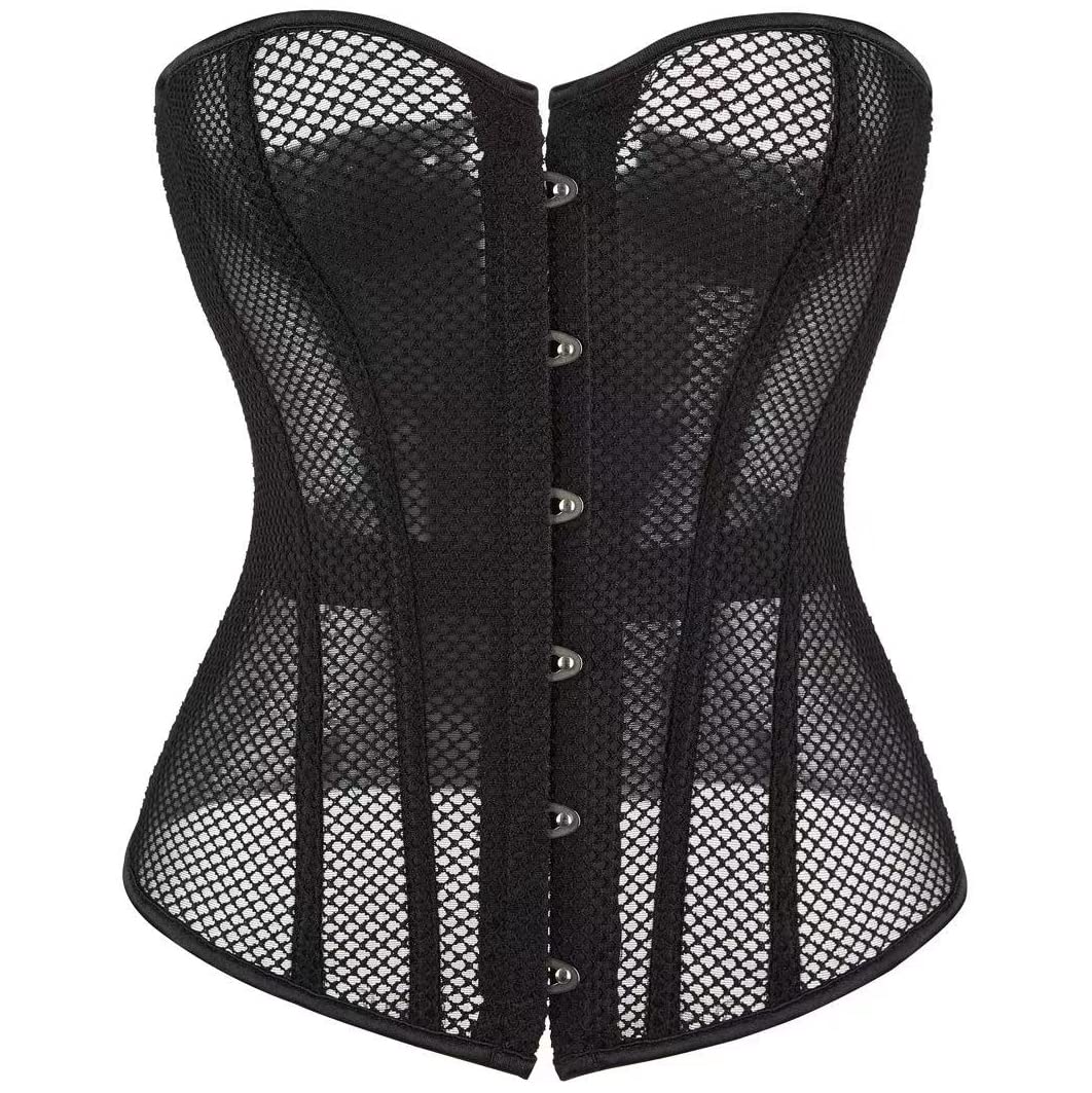 SHYMMUO Women's Black Corset Top - Mesh Boned Body Shaper, Sexy Lace Up Overbust Waist Trainer for Shapewear, Burlesque, Cosplay & Evening Wear