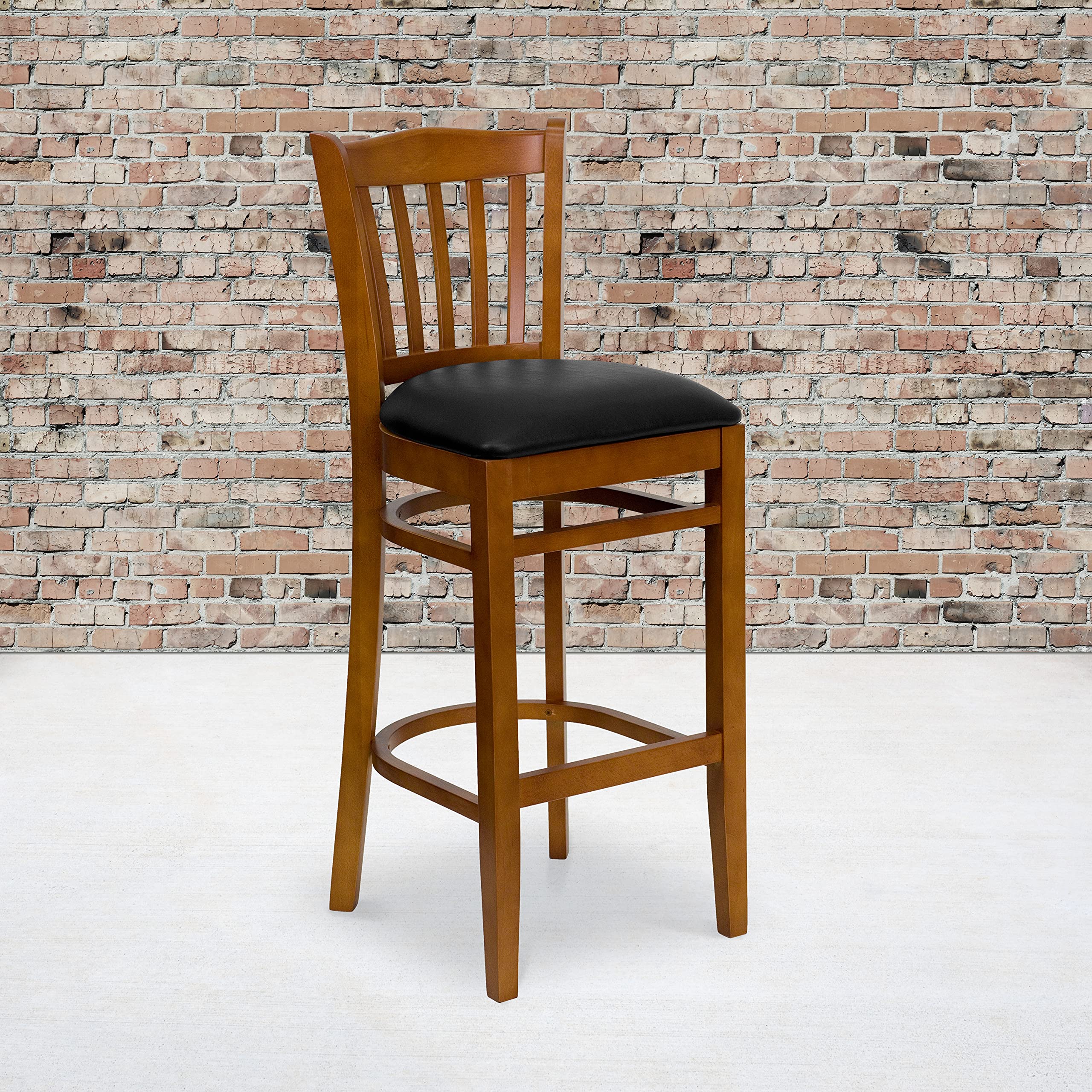 Black Vinyl Seat Cherry Wood Barstool with Vertical Slat Back - Modern Kitchen Island & Breakfast Nook Stool for Home & Cafe Use