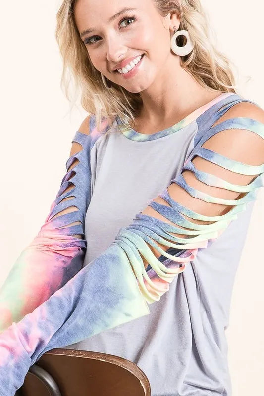 Bibi Jersey Knit Top with Tie Dye Laser Cut Sleeves in Ice Grey | Women's Fashion T-Shirt | Casual Wear & Street Style Outfit