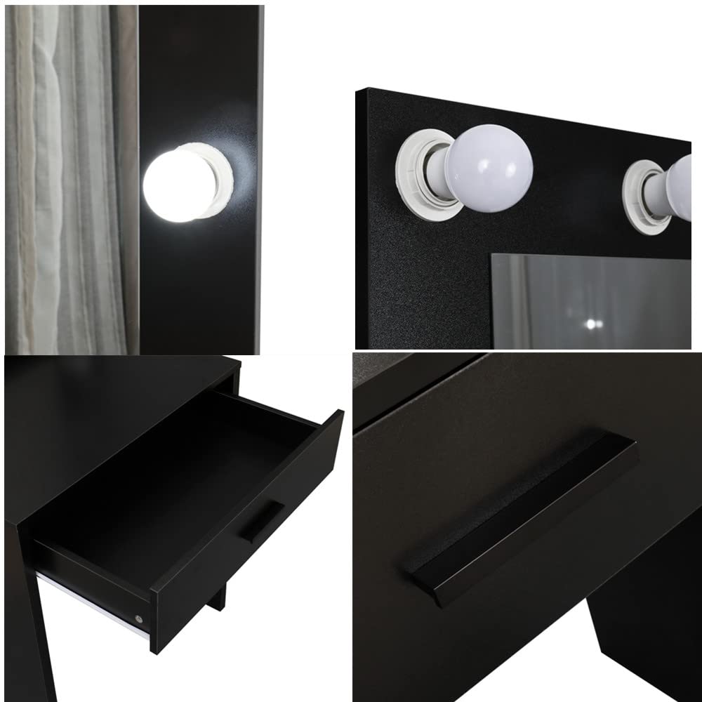 GBB Single Drawer Vanity Table with LED Lights & Large Mirror - Makeup Dressing Table for Bedroom, Home Office, Hair Salon & Studio - Black Cosmetic Storage Desk with Adjustable Cold Lighting for Professional & Home Use
