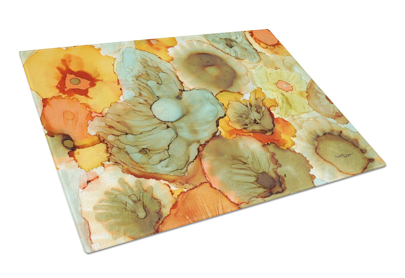 Abstract Flowers Teal & Orange Glass Cutting Board - Large Tempered Glass Kitchen Chopping & Serving Board - Decorative & Durable for Fruits, Meats, Cheeses - Perfect for Entertaining & Home Decor