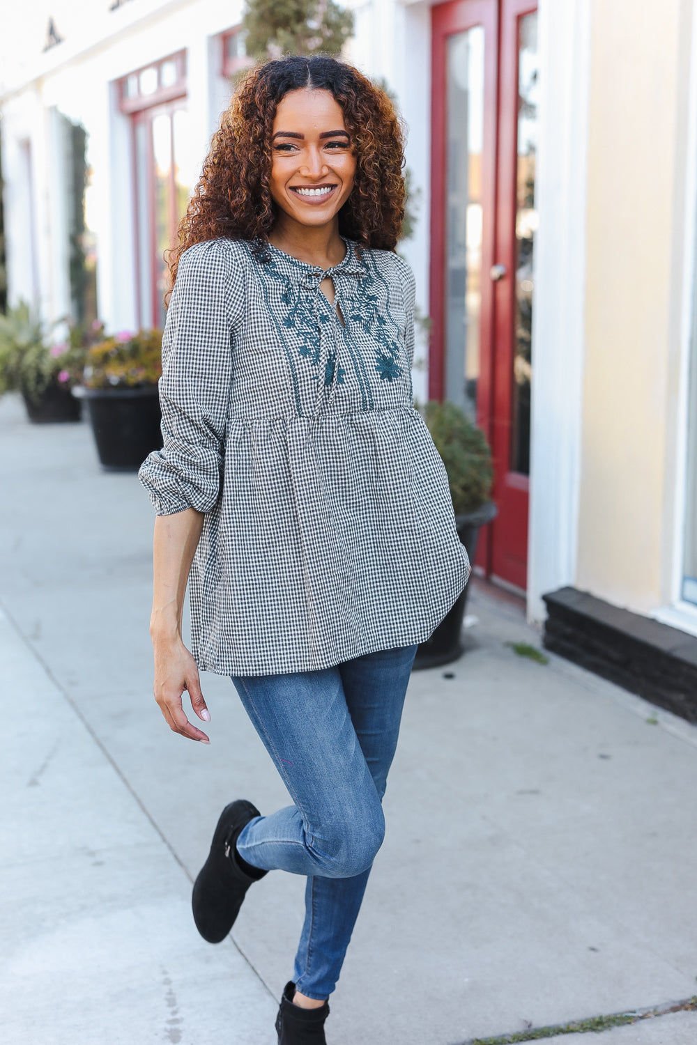 Stylish Dark Green Cotton Plaid Embroidered Button Back Blouse for Women | Casual Office Wear & Spring Outfits