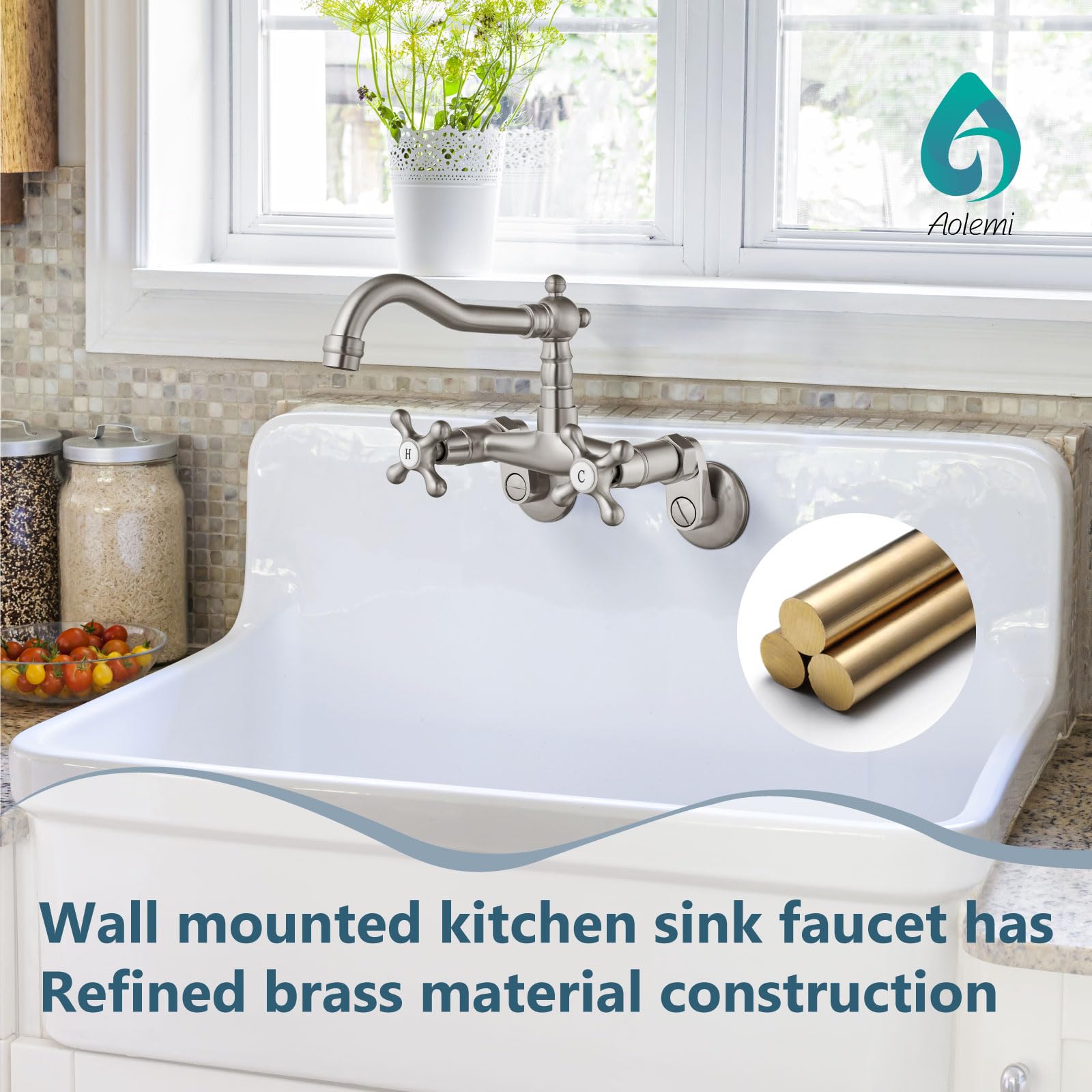 Aolemi Brushed Nickel Wall Mounted Kitchen Faucet with 2 Cross Handles & 6
