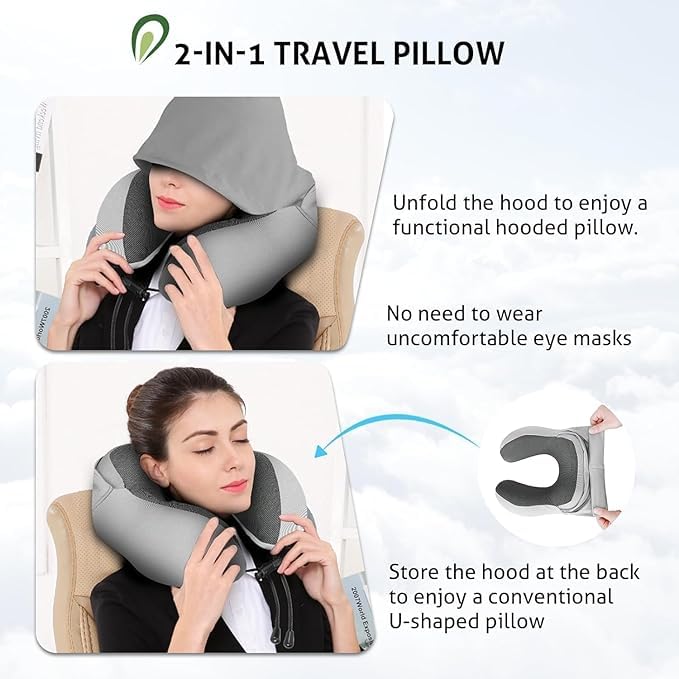 **Upgraded Memory Foam Travel Neck Pillow with Built-in Storage Bag – Ergonomic Support for Airplane, Car, Office & Home Use – Comfortable Head & Neck Cushion for Rest & Travel**