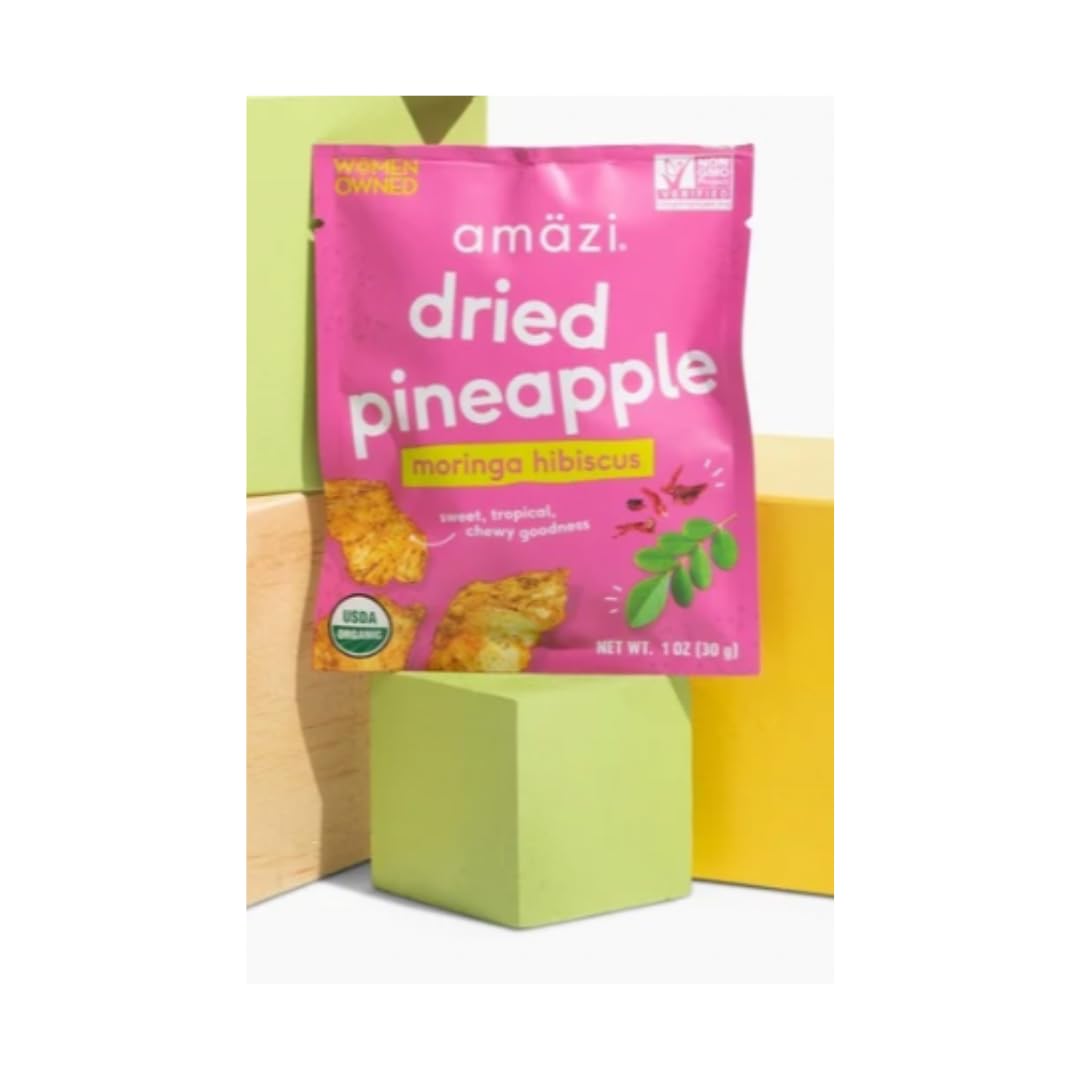 Amäzi Foods All Natural Dried Pineapple with Moringa Hibiscus - 12 Pack | No Sugar Added Dehydrated Fruit Snacks | Perfect for Travel, Hiking & Healthy On-the-Go Eating