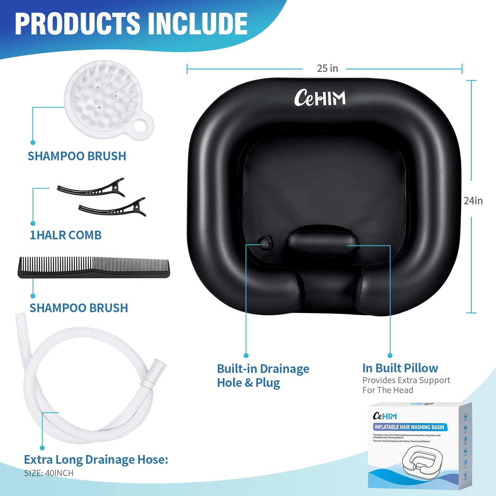 **Portable Inflatable Shampoo Basin for Hair Washing - Lightweight & Adjustable Shampoo Bowl for Bedridden, Disabled, or Injured Patients - Perfect for Dreadlocks, Home Sink, Salon, and Travel Use (Black)**