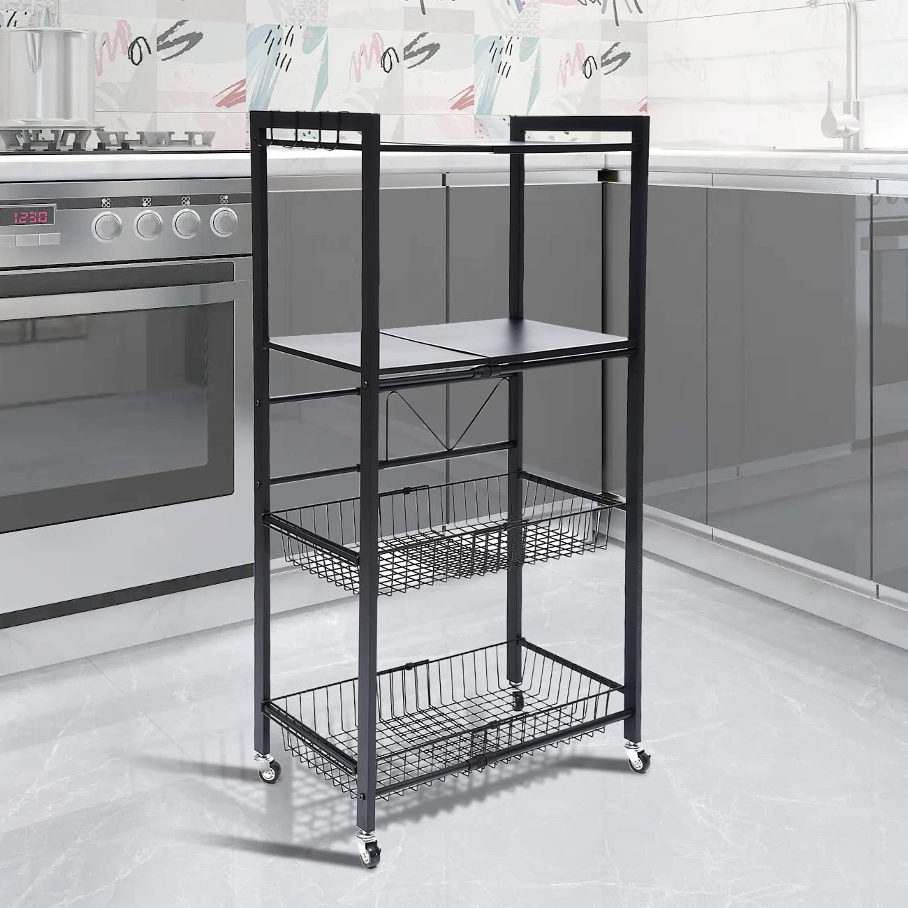 Gdrasuya10 Adjustable Metal Kitchen Baker's Rack - 4-Tier Microwave Stand with Storage Baskets & Hooks, Mobile Kitchen Island Cart for Baking & Cooking Organization - Perfect for Small Spaces & Apartment Kitchens
