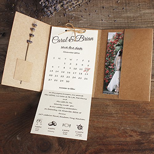 Custom Rustic Kraft Pocket Wedding Invitations - Set of 50 Personalized Cards for Engagement, Bridal Shower & Wedding Ceremony - Eco-Friendly Stationery for Country Chic Weddings