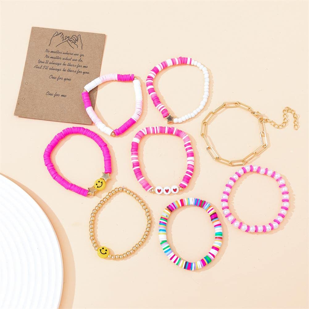 Colorful Bohemian Surfer Bracelets - Evil Eye Beaded Stackable Stretch Bracelet for Women, Polymer Clay & Gold Ball Bead Jewelry | Perfect for Summer, Beach, Festival & Boho Fashion Accessories