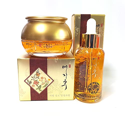 Yezihu Gold Nutrition Cream 50g & Gold Ampoule 50ml Set - 99.9% Pure Gold Anti-Aging Skincare - Wrinkle Reduction, Deep Hydration, Skin Rejuvenation - Korean Beauty Essentials for Night Routine & Special Occasion Glow