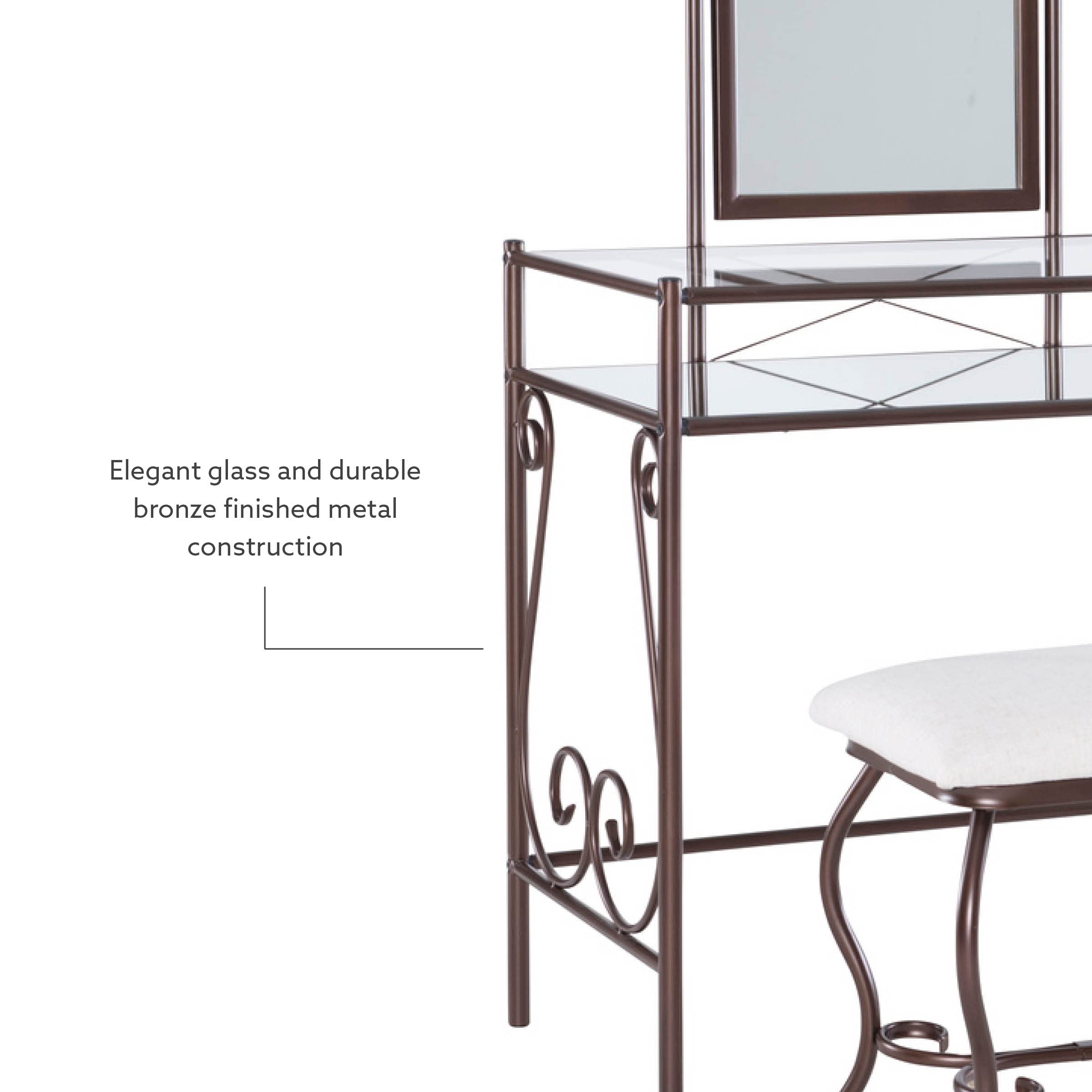 Linon Clarisse Vanity Set - Dark Metal Dressing Table with Upholstered Stool, 52.4 x 31.8 x 18.3 Inches - Perfect for Bedroom Makeup & Jewelry Organization