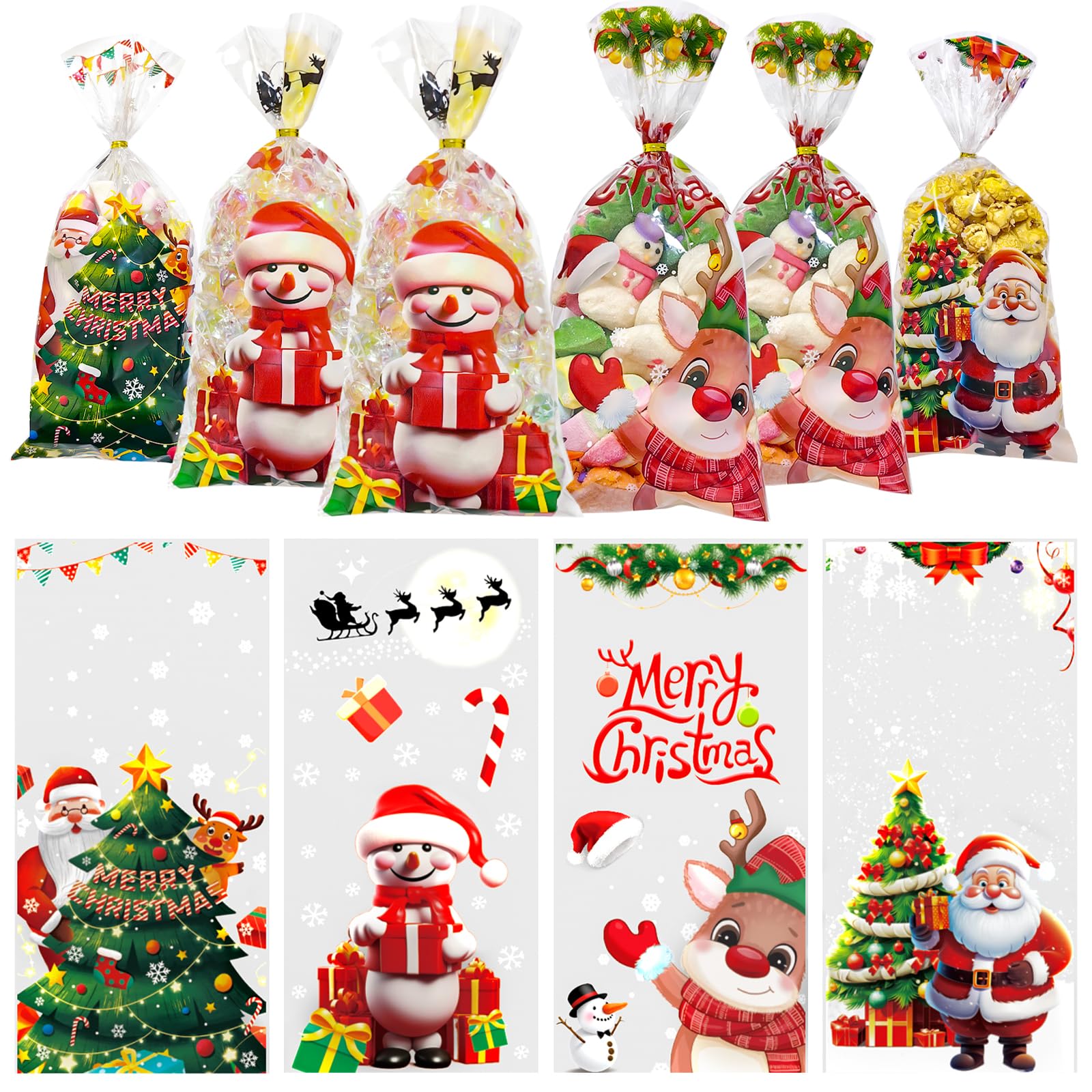 60 PCS Clear Christmas Treat Bags with Ties - Cellophane Candy Bags for Holiday Snacks, Gifts & Party Favors | 4 Styles | Perfect for Christmas Parties, Gift Wrapping & Goodie Bags
