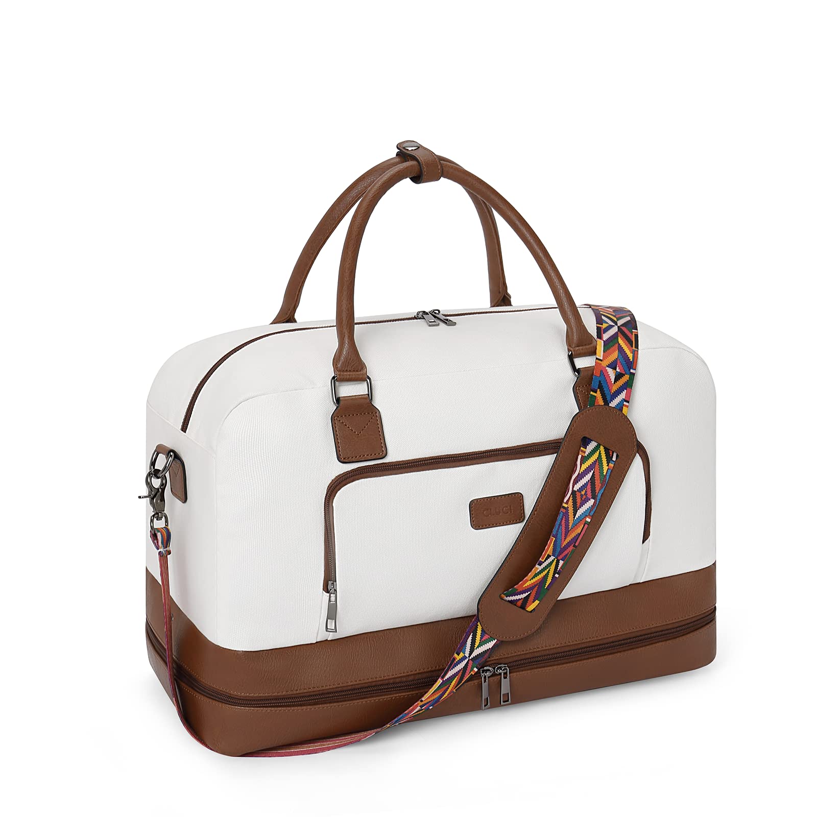 CLUCI Women's Canvas Weekender Travel Duffle Bag with Shoe Compartment - Beige & Brown Carry-On Overnight Bag for Gym, Weekend Getaways & Airplane Travel