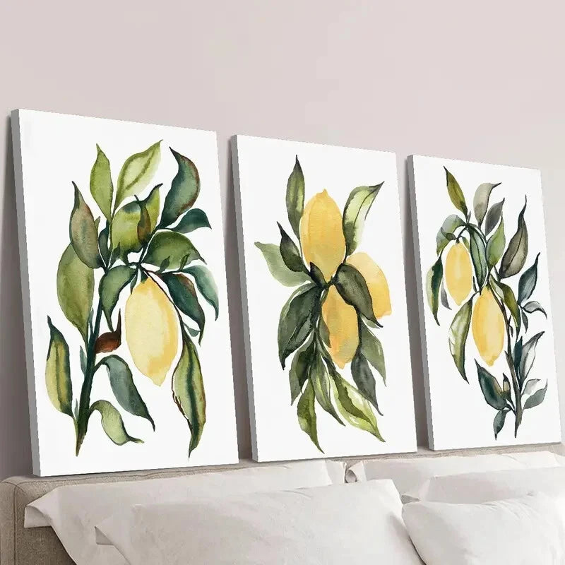 3pcs Vibrant Yellow Lemons with Green Leaves Wall Art Set - Framed Canvas 40x60cm - High Quality Print - 100% Australian Made - Ready to Hang - Perfect for Kitchen Decor, Dining Room & Home Office Wall Decor