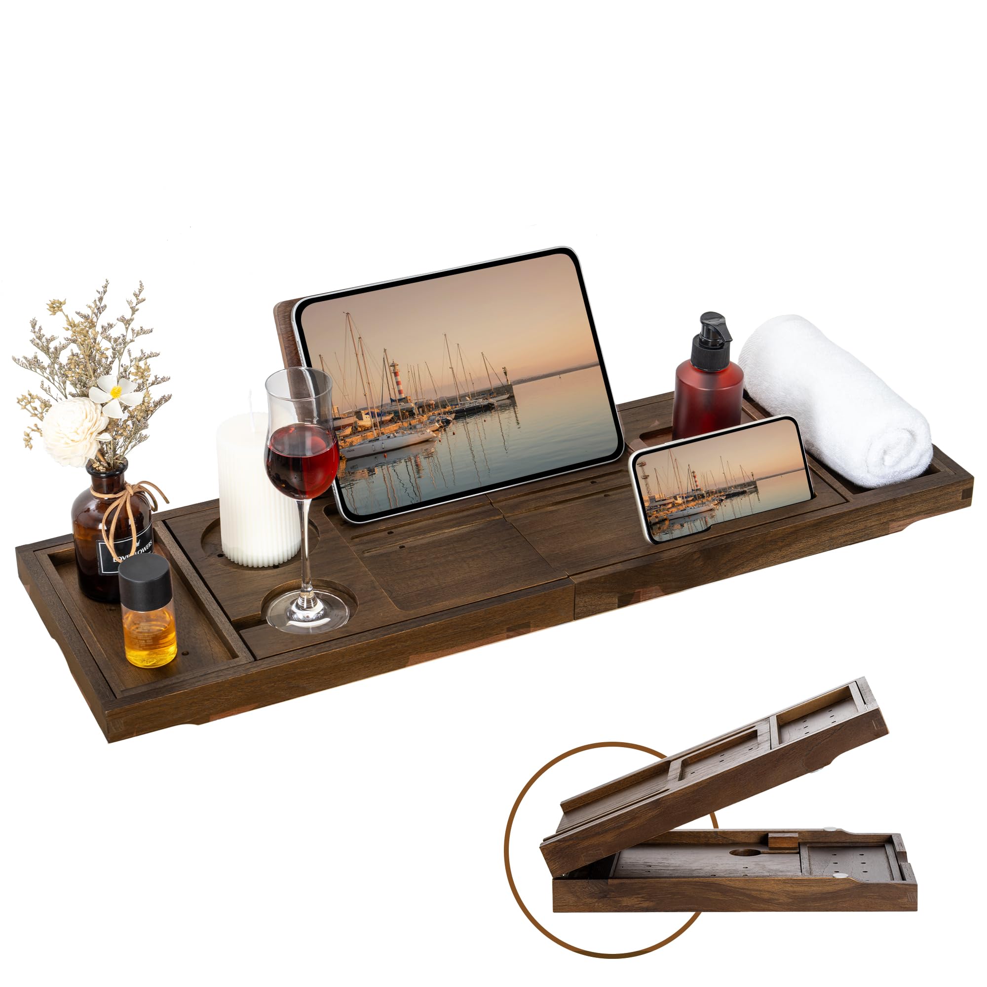 Luxury Teak Bathtub Tray with Expandable Handles, Wine Glass Holder & Phone Stand - Natural Wood Bath Accessories for Spa Relaxation, Reading & Self-Care - Perfect for Bubble Baths, Candles & Wine Nights