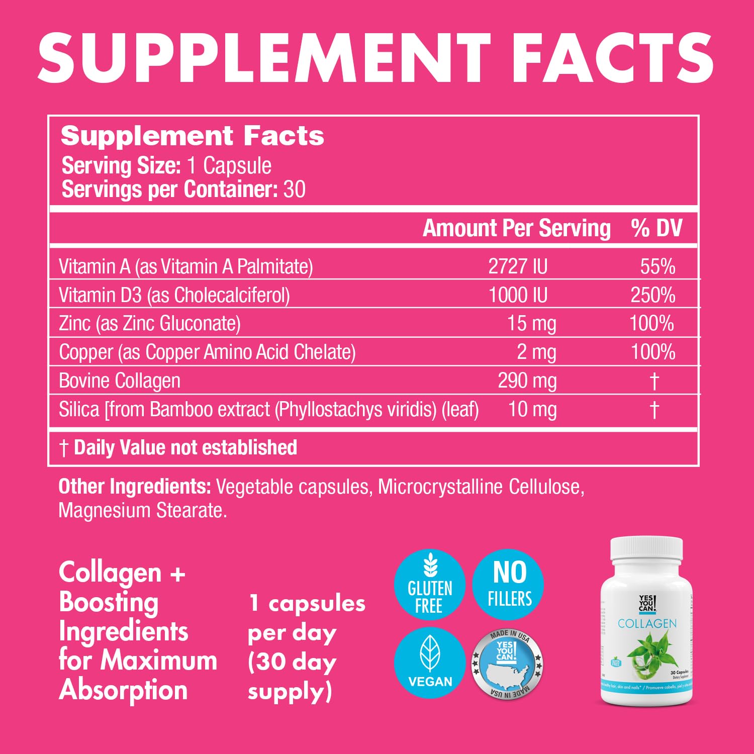 Yes You Can! Collagen Capsules for Women & Men - 290mg Bovine Collagen with Vitamins A, D3, Zinc & Copper - Supports Healthy Hair, Skin & Nails - Dietary Supplement (30 Capsules x 4 Pack) - Perfect for Daily Beauty & Wellness Routine