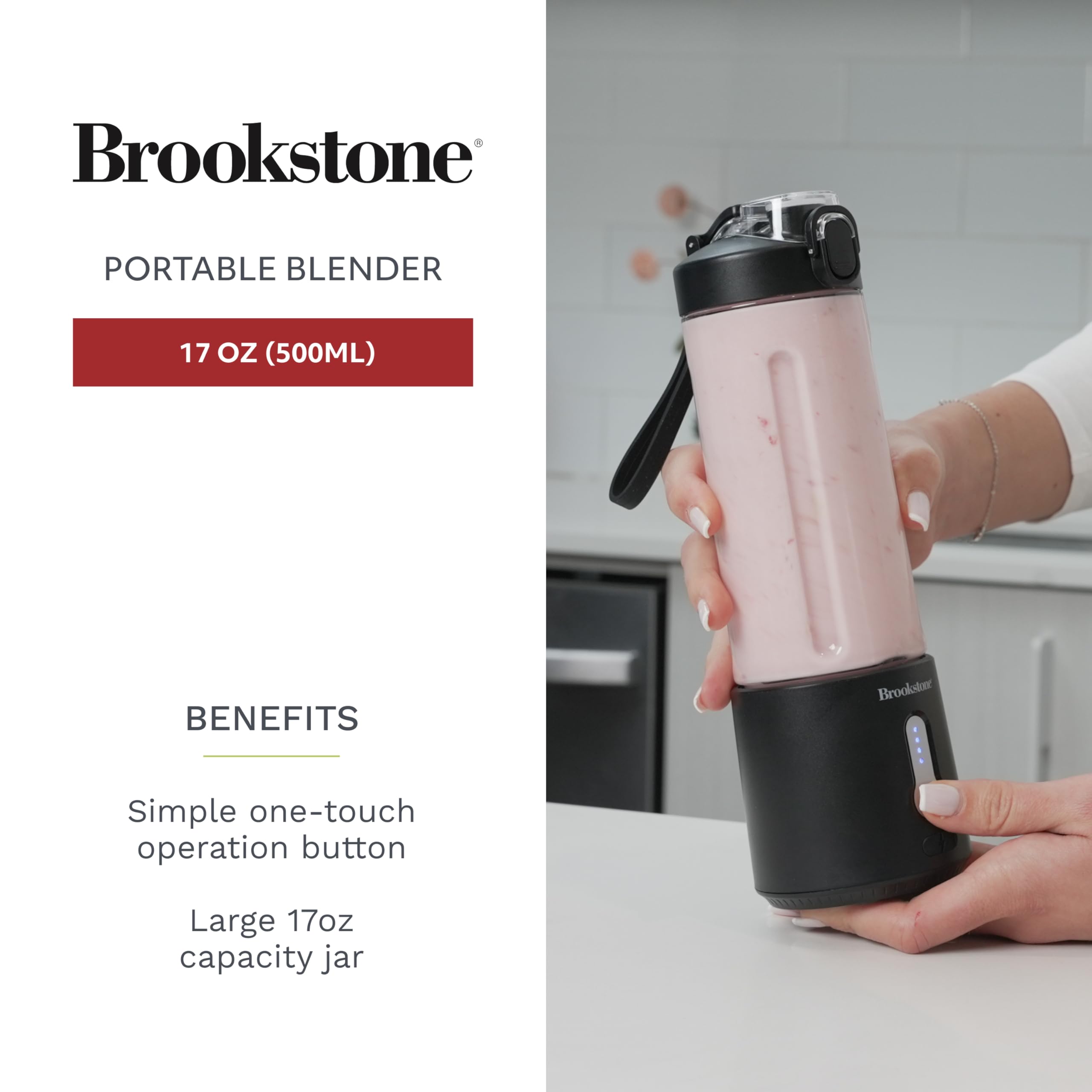 Brookstone 500mL Portable Blender - Compact Personal Blender for Smoothies, Shakes & Food Prep | BPA-Free, Travel-Friendly with Extra Lid | Perfect for Gym, Office & Outdoor Adventures (Black)