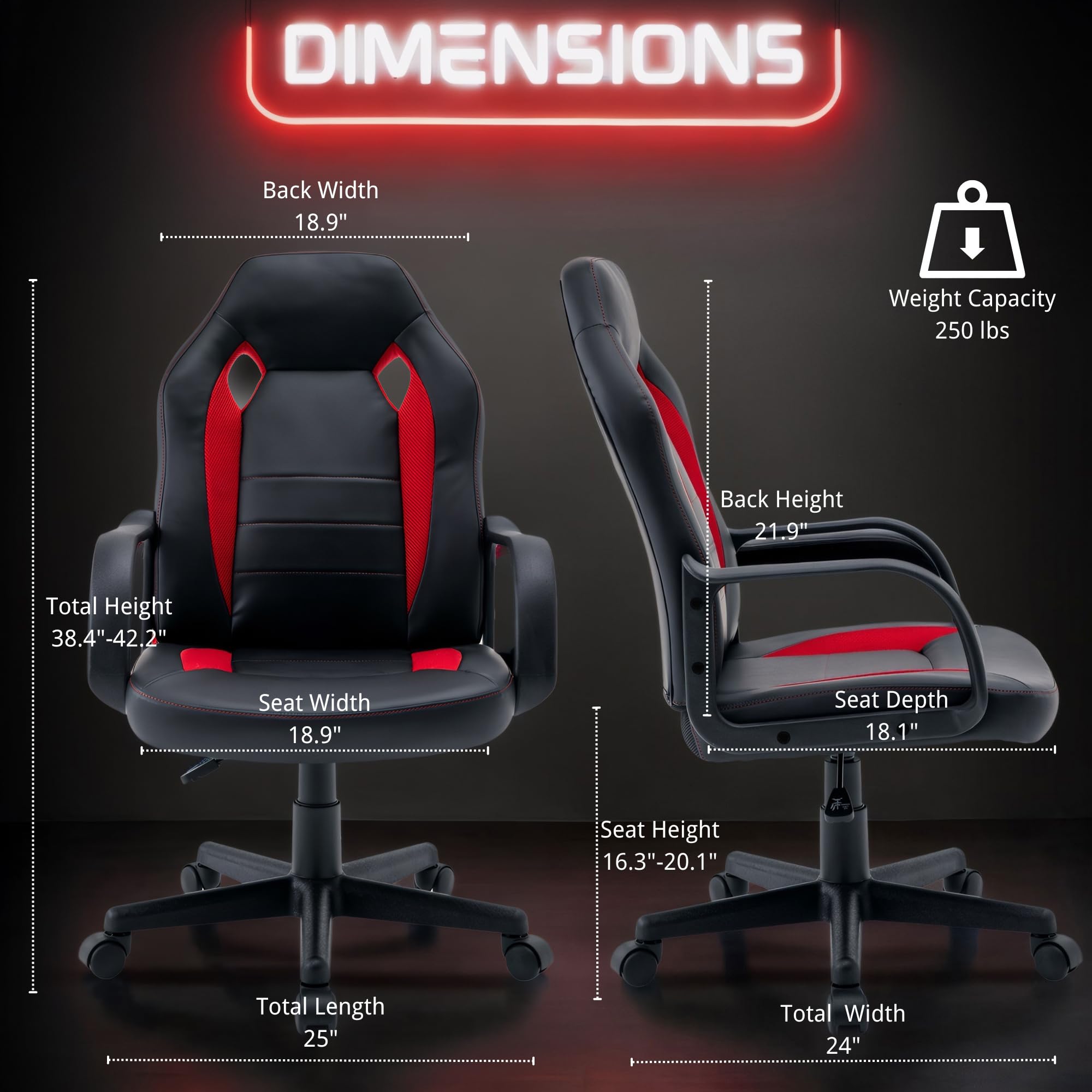 Ergonomic Gaming Chair with Lumbar Support - High Back PU Leather Office Chair for Adults & Teens - Adjustable Swivel Computer Desk Chair for Home, Gaming & Work - Black & Red Racing Style