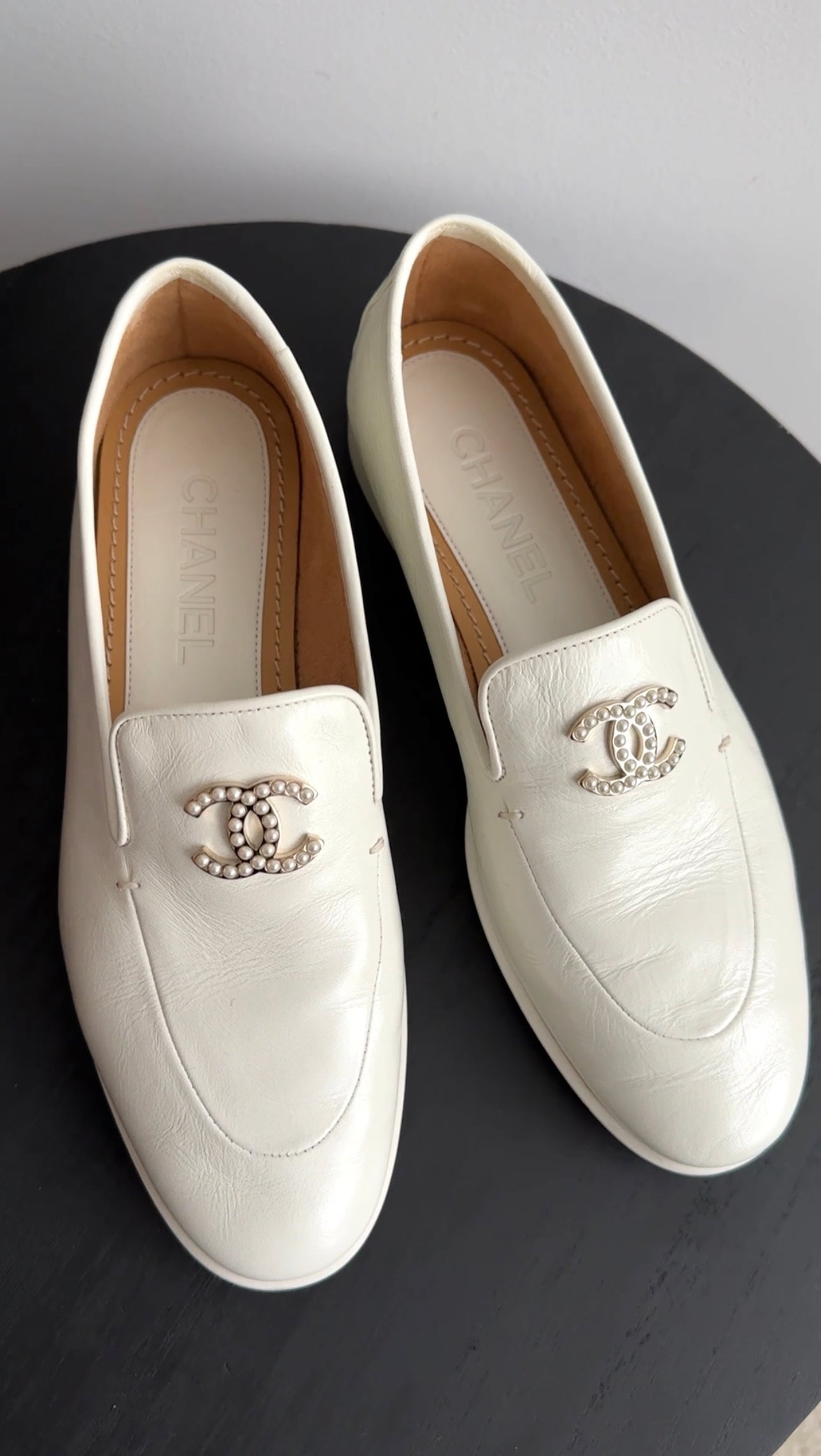 Chanel Ivory Leather Pearl CC Loafers Women's Size 37 / 36.5 - Classic Luxury Flats for Office, Party & Everyday Wear