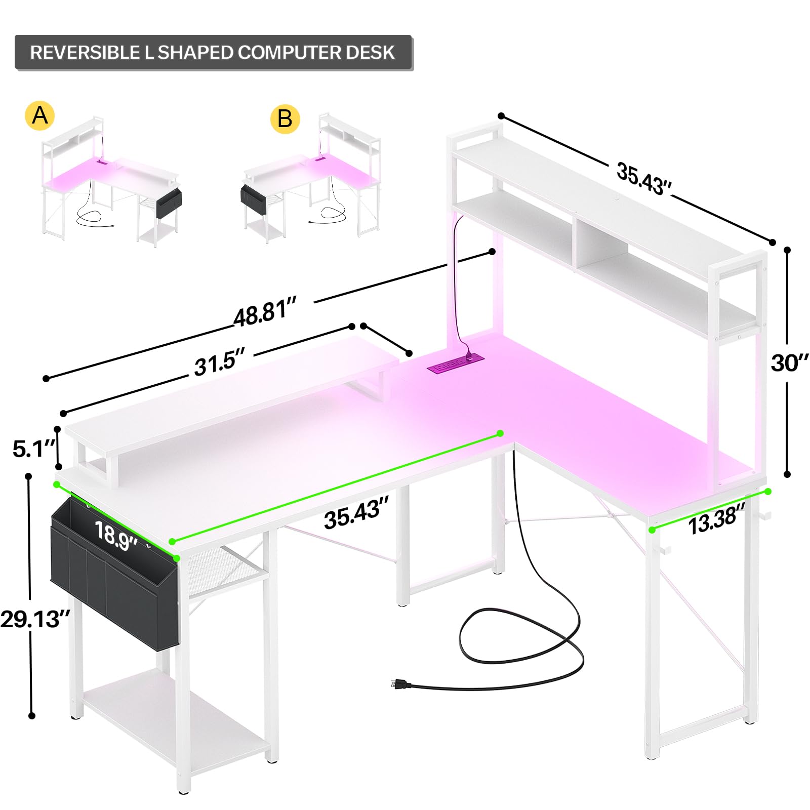 Aheaplus Small L-Shaped Gaming Desk with USB Charging Port & LED Strip - Reversible Corner Computer Desk with Monitor Stand, Storage Shelf & Organizer Bag - Perfect for Home Office, Gaming Setup & Small Spaces (White)