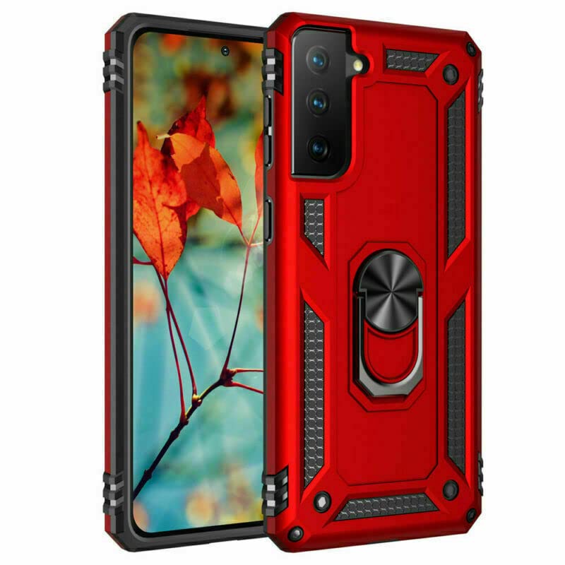 Military Grade Hard Silicone Rugged Case for Samsung Galaxy S21 - Heavy Duty Armor Protection with Magnetic Stand, Finger Loop & Holster (Red) - Perfect for Outdoor, Work & Active Lifestyle