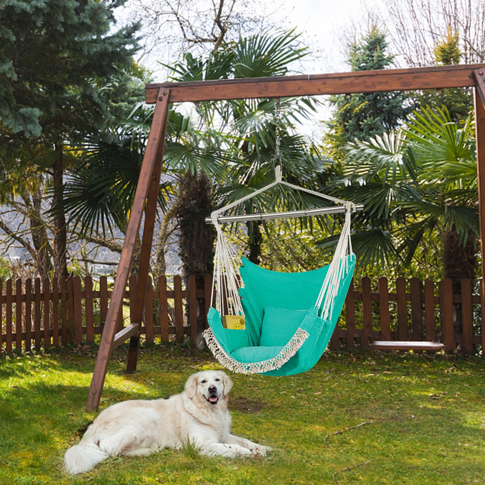 Premium Cotton Hammock Swing Chair with Pocket & Steel Support Bar - 500lbs Capacity - Indoor & Outdoor Hanging Chair with 2 Soft Cushions - Perfect for Patio, Garden, Balcony & Backyard Relaxation