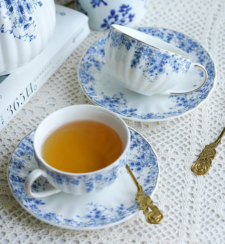 Royal Blue Bone China Porcelain Tea Cup Set - Elegant British Ceramic Tea Cups with Saucers for Afternoon Tea, Coffee & Gifts - Premium Blue Floral Tea Set in Luxury Gift Box - Perfect for English Tea Parties, Bridal Showers & Home Decor