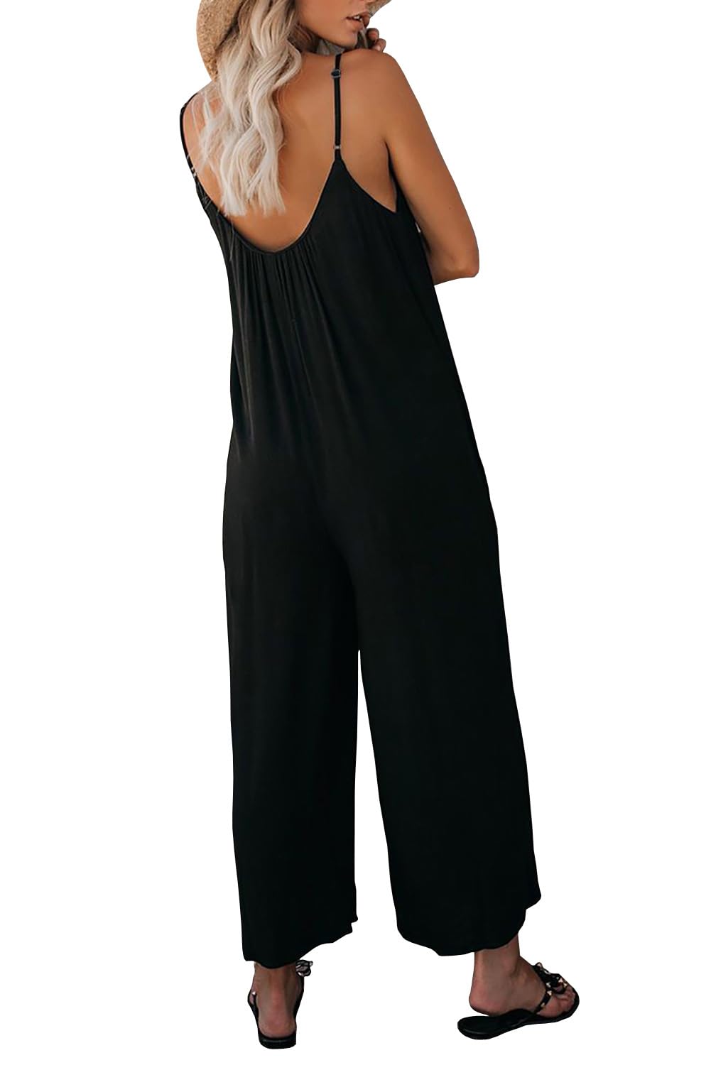 Women's Sleeveless Spaghetti Strap Wide Leg Jumpsuit Romper with Pockets - Casual Summer One Piece Outfit for Beach, Vacation & Outdoor Activities