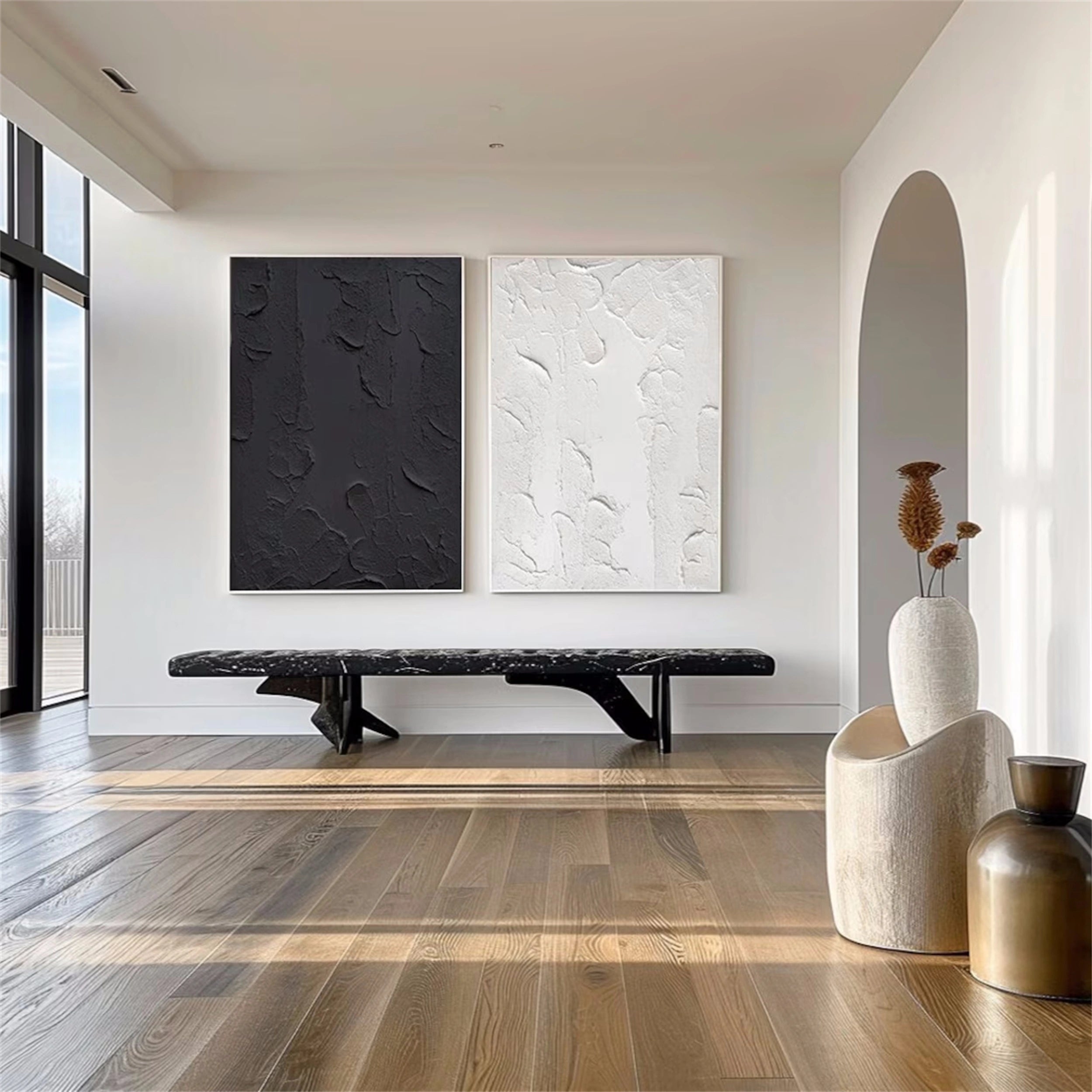 Modern Black and White Textured Minimalist Wall Art - Set of 2 Abstract Canvas Prints (#MZ074) | Perfect for Living Room, Bedroom & Office Decor