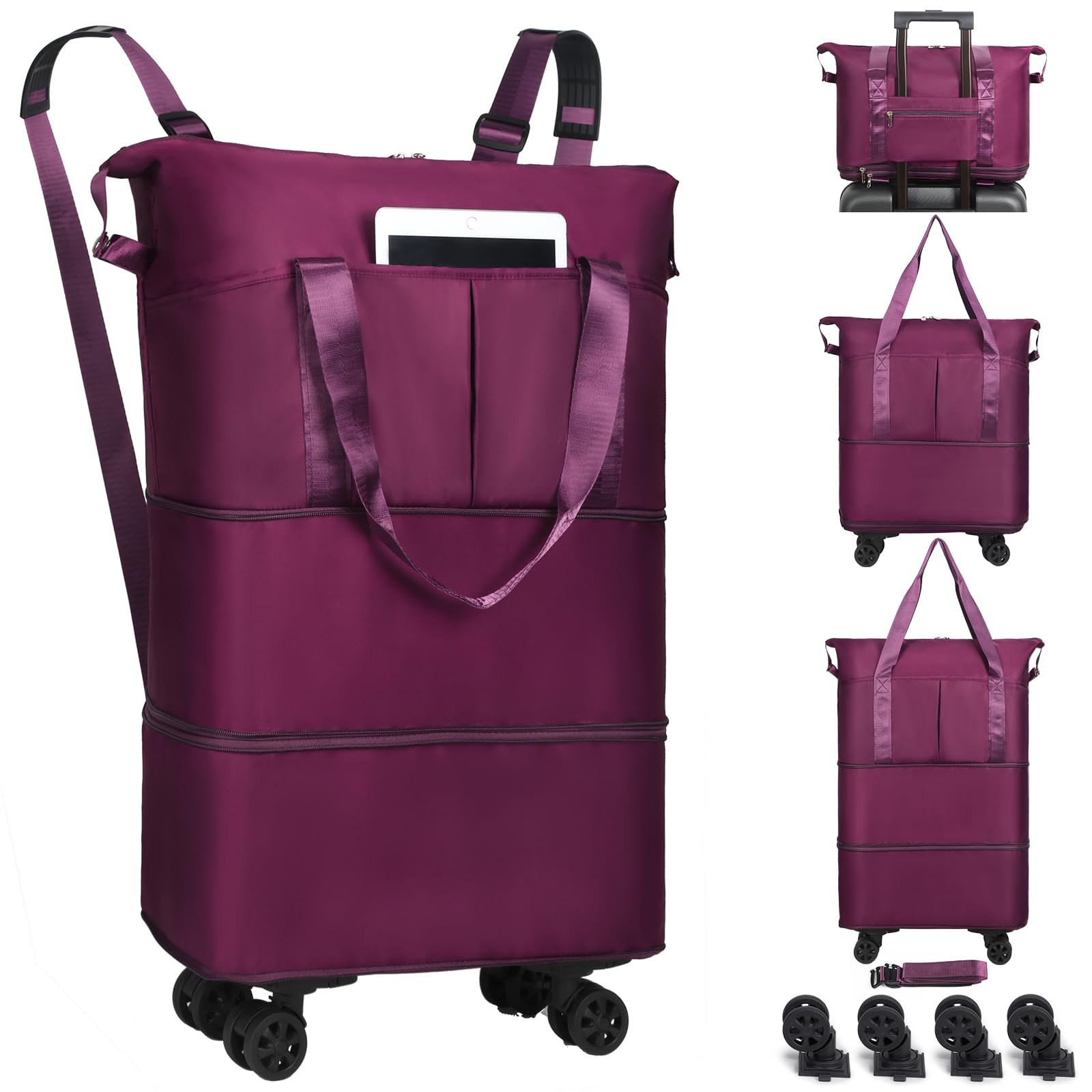 VOOWO Expandable Rolling Duffel Bag with Wheels - Foldable Large Wheeled Carry On Luggage for Travel, Overnight Weekender Bag (Deep Purple) | Perfect for Airplane Trips, Gym, Camping & Weekend Getaways