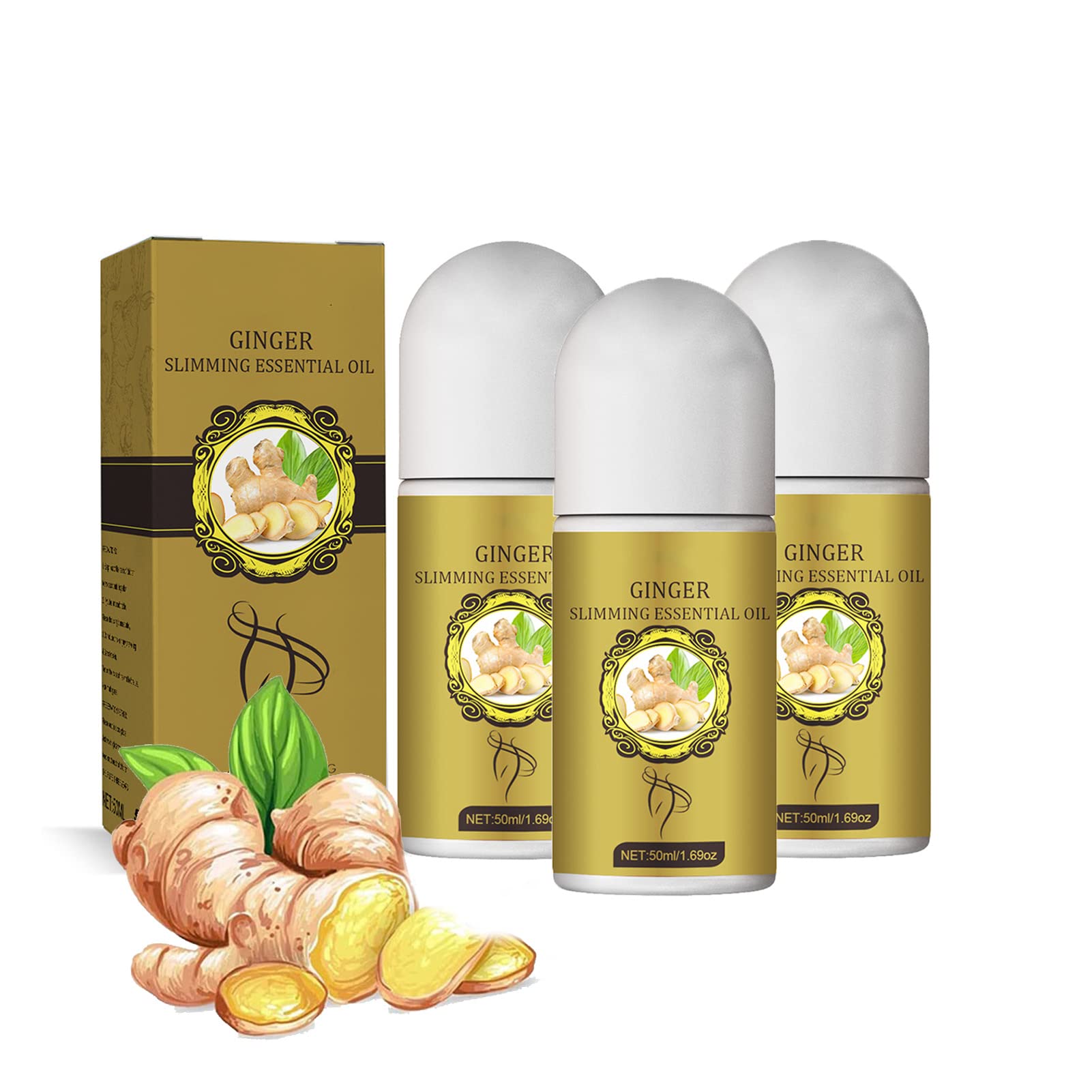 Organic Ginger Essential Oil Roll-On for Lymphatic Detox & Belly Drainage - Natural Slimming Tummy Oil for Swelling Relief & Massage Therapy (3 Pack) - Perfect for Post-Workout Recovery & Relaxing Spa Nights