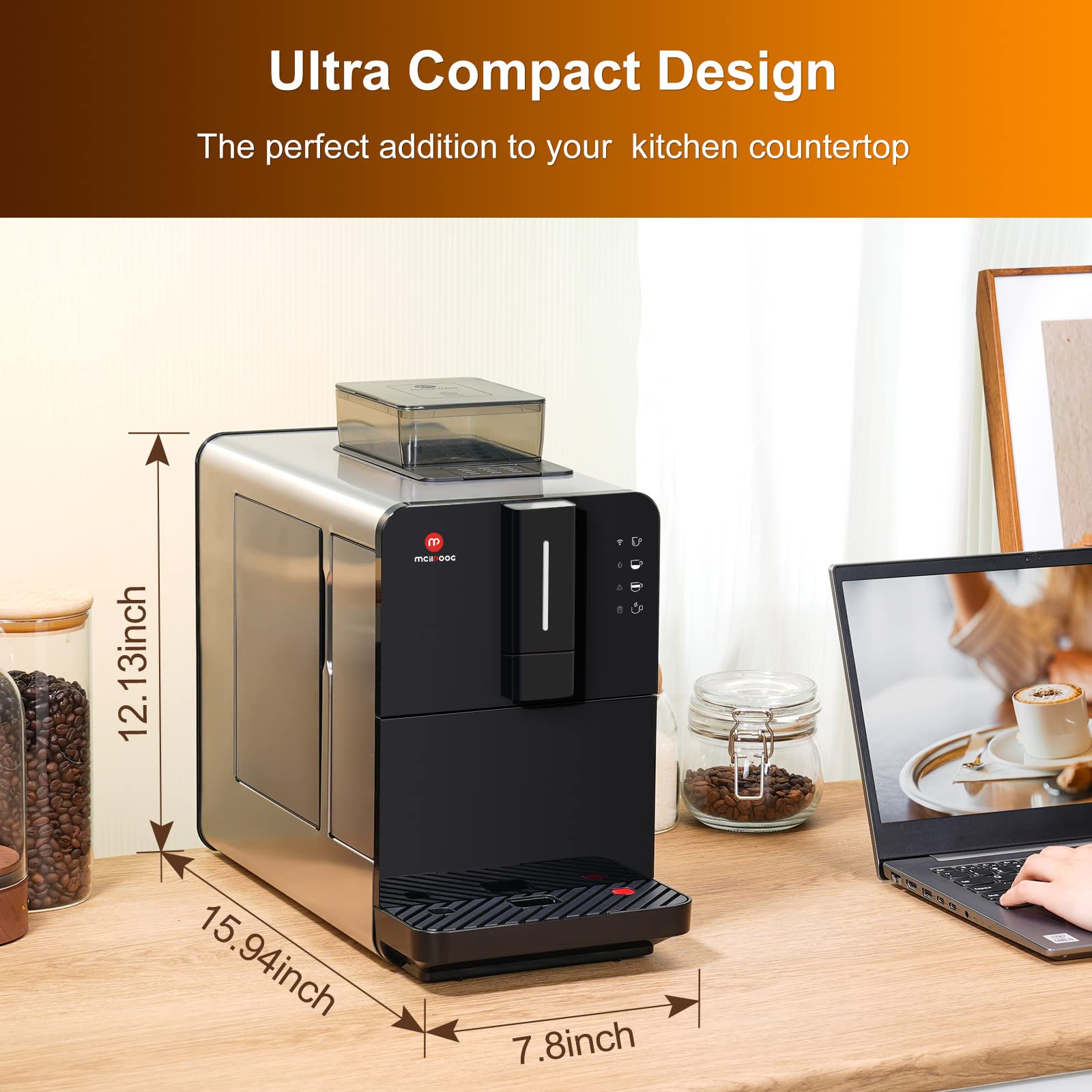 Mcilpoog Super Automatic Espresso Coffee Machine with Built-in Grinder - 19 Bar Pressure, WiFi & Touch Screen Control, Bean to Cup System - Perfect for Home, Office or Cafe Use