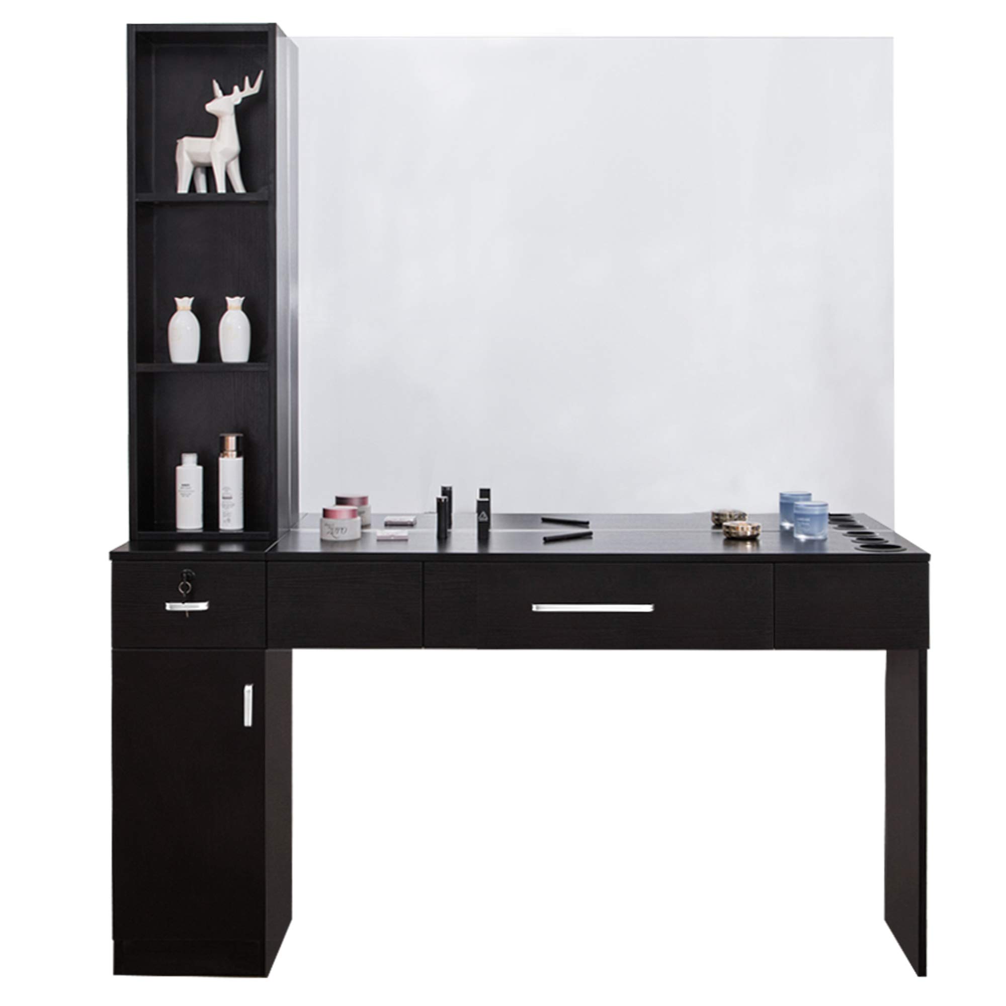Professional Barber Salon Station with 3 Hair Dryer Holders - Wall Mounted Hair Styling & Beauty Spa Equipment Set with Mirror (Black, Model 3046) - Perfect for Barbershops, Salons & Home Styling Stations