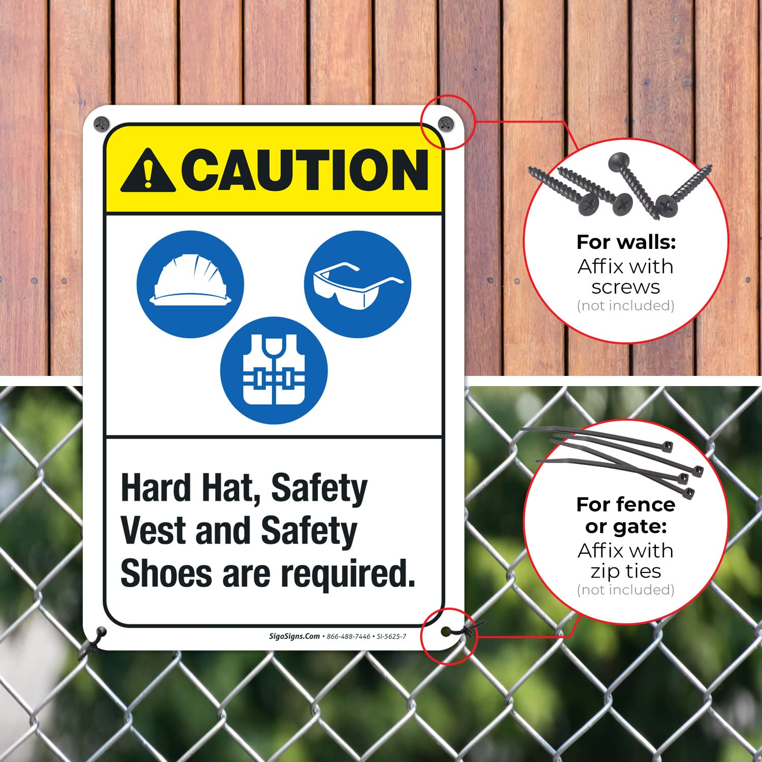 ANSI Compliant Hard Hat Safety Vest & Shoes Required Sign - 10x7 Inches, Rust-Free .040 Aluminum, Fade Resistant for Indoor/Outdoor Use - Made in USA | Perfect for Construction Sites, Warehouses & Industrial Safety Zones