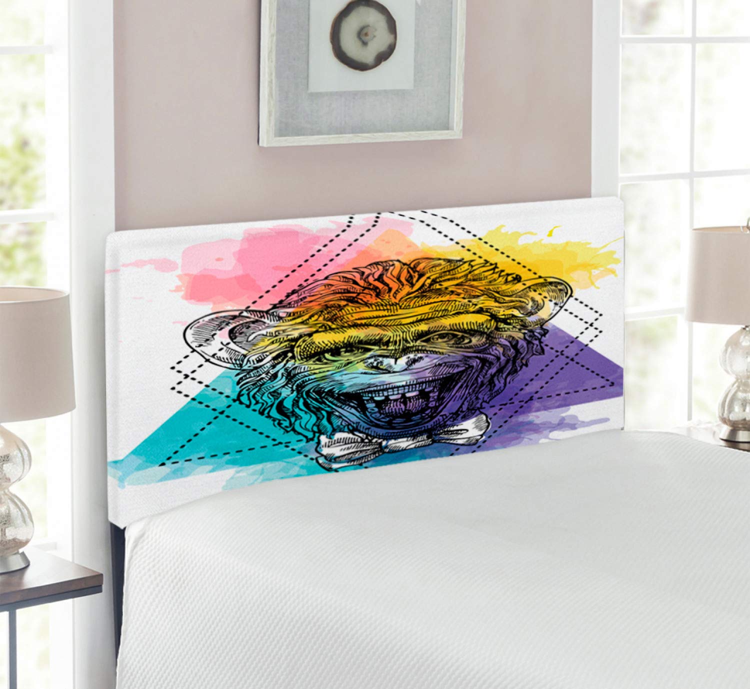 Ambesonne Sketchy Headboard - Funny Monkey with Bowtie Geometric Watercolor Design, Upholstered Decorative Metal Bed Headboard with Memory Foam, Twin Size Multicolor - Perfect for Kids' Rooms, Teen Bedrooms & Whimsical Home Decor
