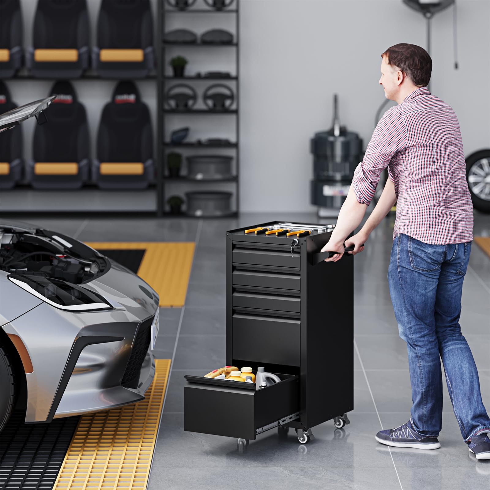Yizosh 5-Drawer Heavy Duty Metal Tool Storage Cabinet with Wheels & Locking Keys - Rolling Tool Chest Organizer for Workshop, Garage, Warehouse | Perfect for Automotive Tools, DIY Projects & Professional Workspaces