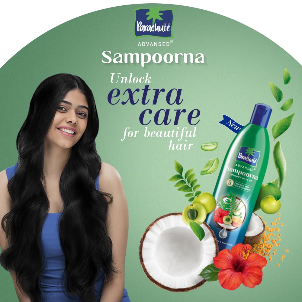 Parachute Advansed Sampoorna Coconut Hair Oil with 5 Herbs (Hibiscus, Curry Leaves, Fenugreek, Amla & Aloe) - Promotes Long, Thick & Black Hair Growth - 280ml - Perfect for Daily Hair Care & Scalp Massage