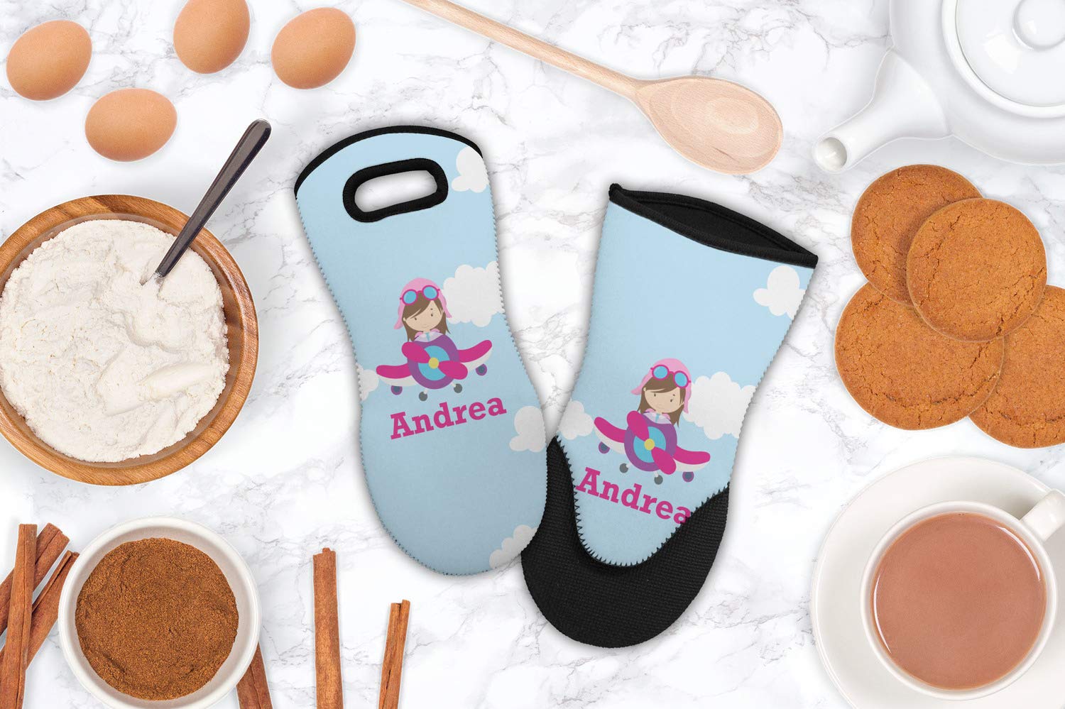 Custom Personalized Airplane & Girl Pilot Neoprene Oven Mitt with Name/Text - Heat Resistant Kitchen Glove for Baking, Cooking & Grilling - Perfect Gift for Aviation Enthusiasts & Aspiring Female Pilots