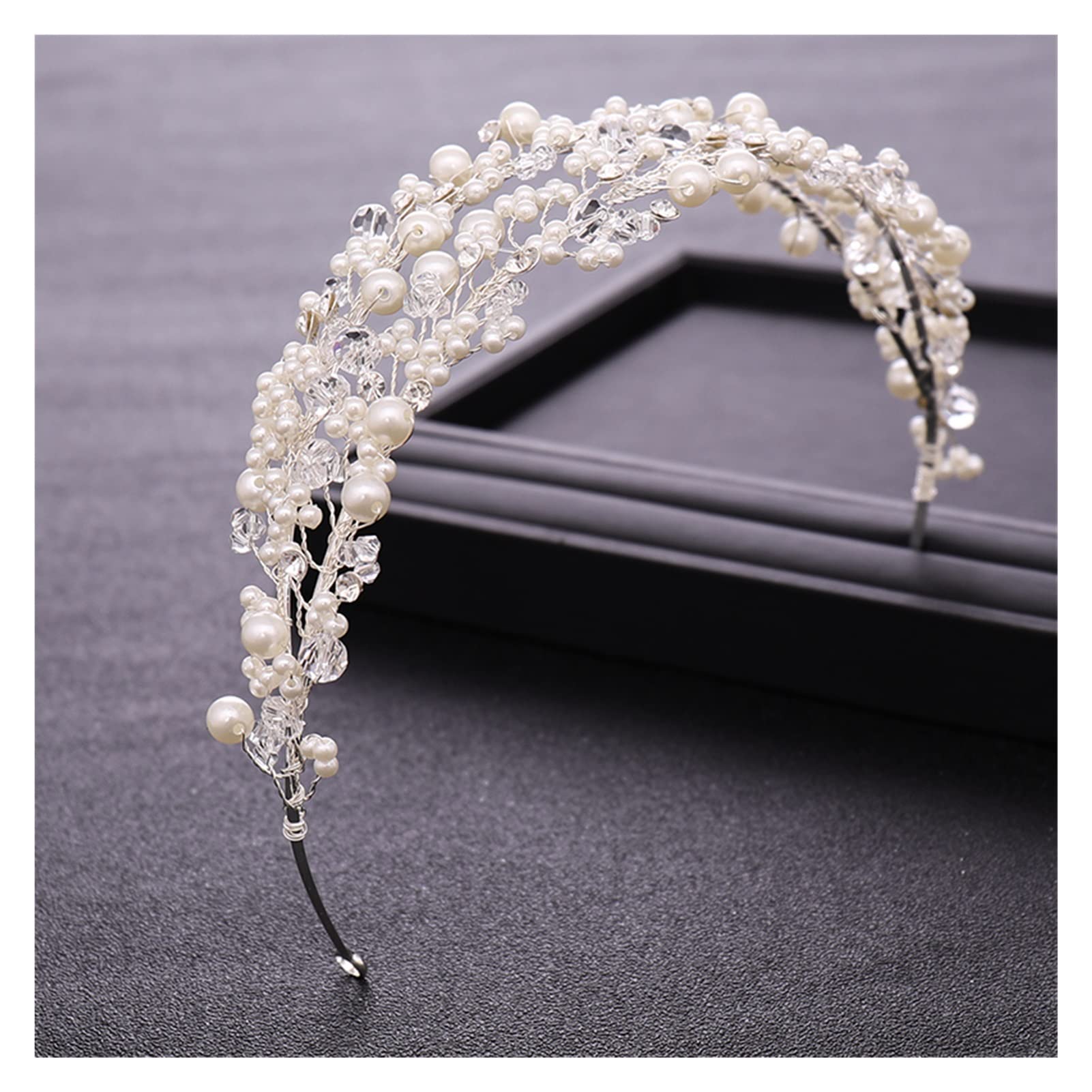 Trendy White Pearl Crystal Bridal Hair Accessories - Wedding Crown Headband & Hair Band for Brides, Handmade Lasting Silver Headdress | Perfect for Weddings, Prom, and Formal Events