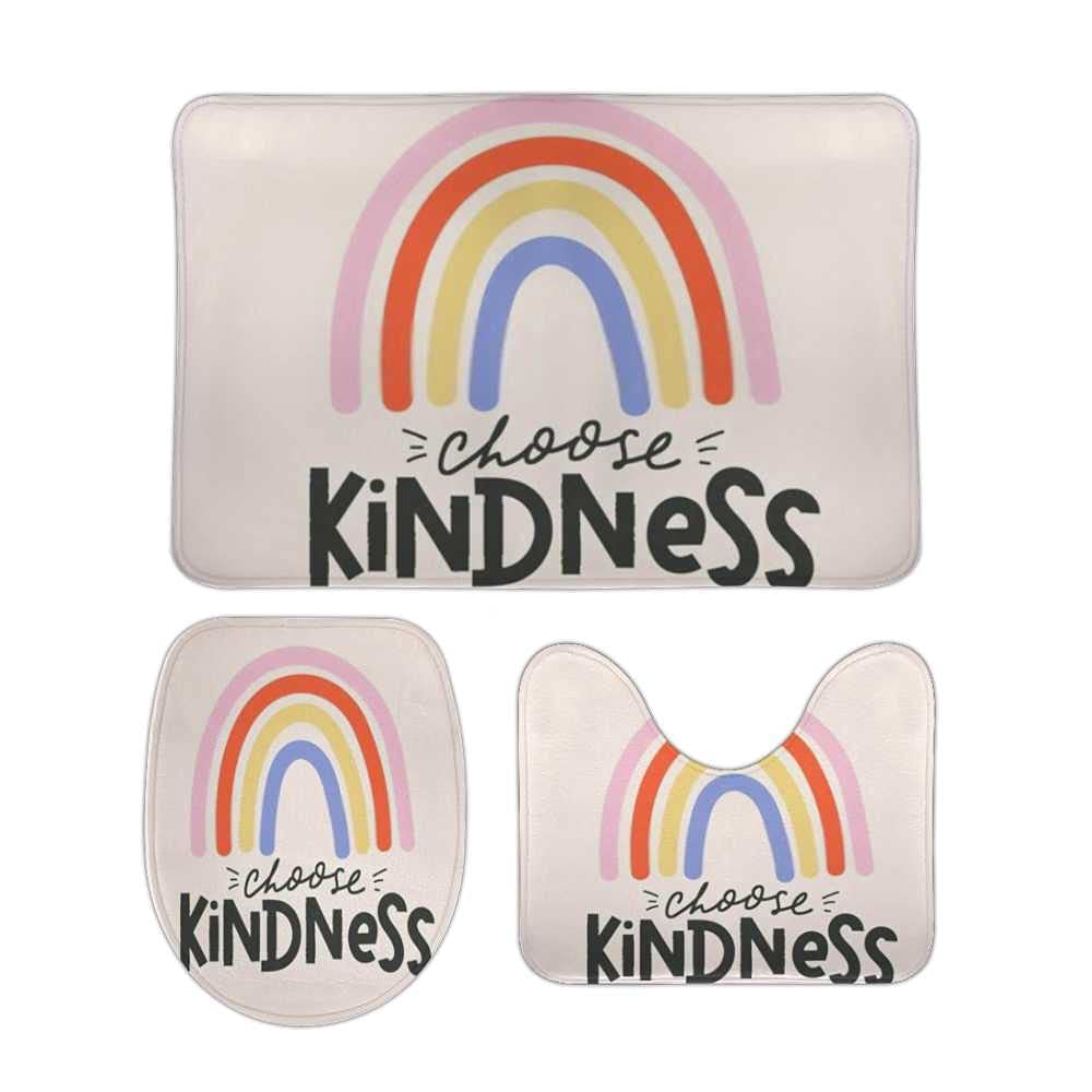3-Piece Non-Slip Bathroom Rug Set - Ultra Soft Coral Fleece Absorbent Bath Mat for Shower, Tub & Bedroom - Durable Rainbow Color Carpet with Choose Kindness Lettering - Perfect for Bathroom Safety, Home Decor & Entryway Floor Protection