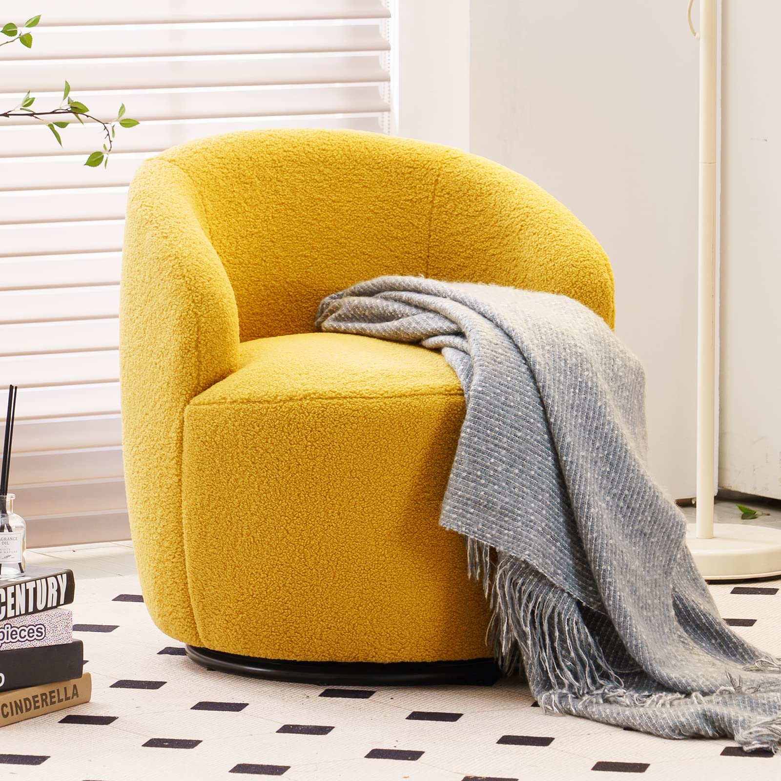 NIOIIKIT 360° Swivel Barrel Accent Chair - Round Fuzzy Club Chair with Lamb Wool Upholstery, Modern Leisure Armchair for Reading, Bedroom, Living Room, Lounge & Hotel Decor (Yellow) | Perfect for Cozy Corners, Home Offices & Relaxation Spaces