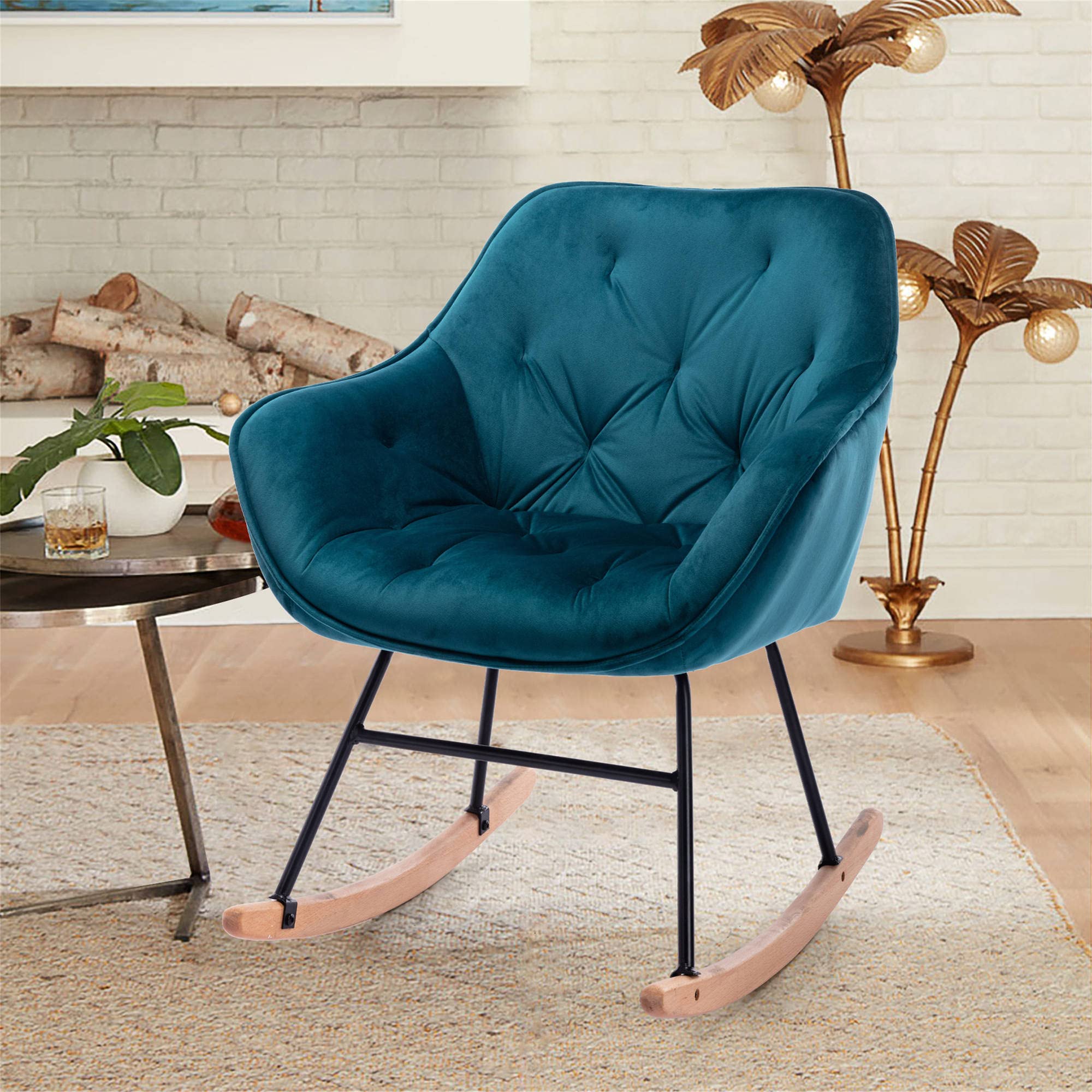 Velvet Rocking Chair for Nursery & Living Room - Modern Upholstered Rocker with Solid Wood Base, Comfortable Accent Armchair for Adults & Kids - Perfect for Relaxing, Breastfeeding & Home Decor (Teal)