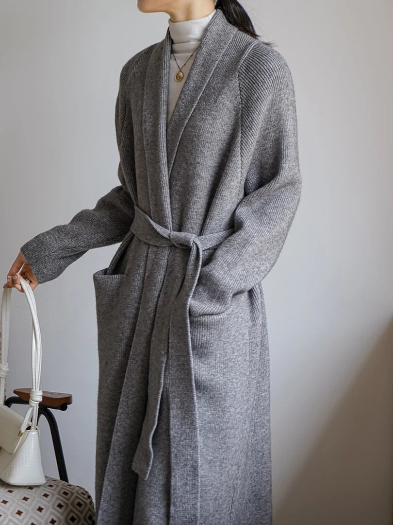 Women's Plus Size Long Knit Cardigan Sweater - Black Belted V-Neck Long Sleeve Open Front Wrap Coat | 2025 Spring Autumn Fashion | Casual Office Wear, Layering Piece, Travel Outfit