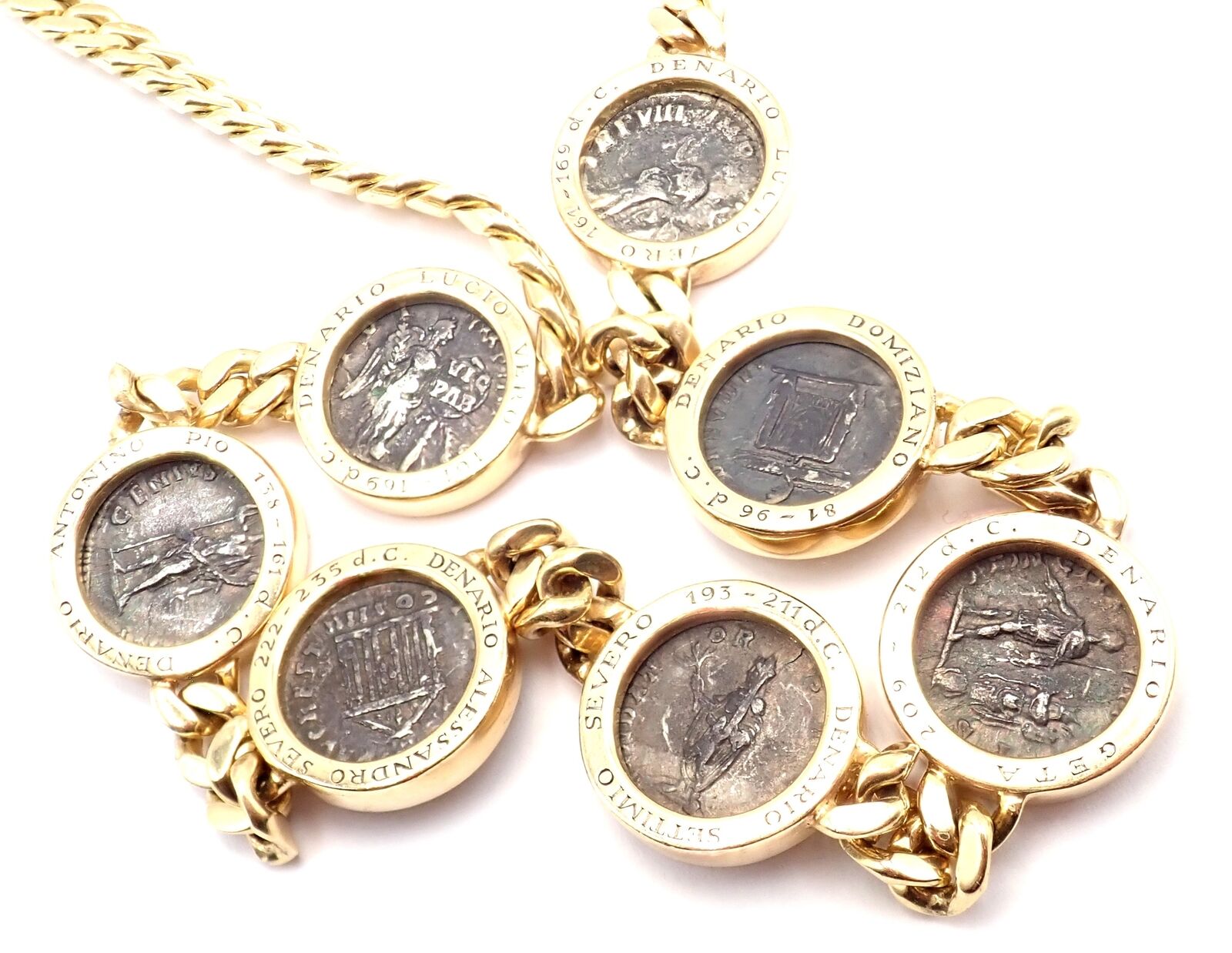 Vintage Bvlgari Bulgari 18k Yellow Gold 7 Antique Coin Monete Link Necklace - Luxury Italian Jewelry for Women, Perfect for Parties & Special Occasions