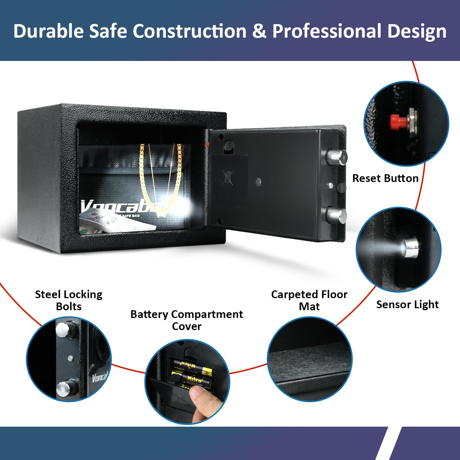 Voncabay Fireproof Security Safe Box with Digital Keypad & Sensor Light - Home Money Safe with Keys & Passcode for Cash, Jewelry & Documents | Ideal for Bedroom, Office & Travel Use