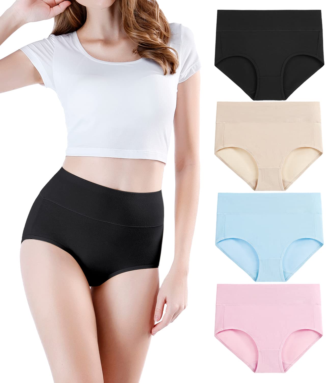 Wirarpa Women's High Waisted Cotton Underwear - Soft Full Briefs Panties Multipack (3/5 Pack) - Comfortable Ladies Underwear for Everyday Wear, Yoga & Sleep