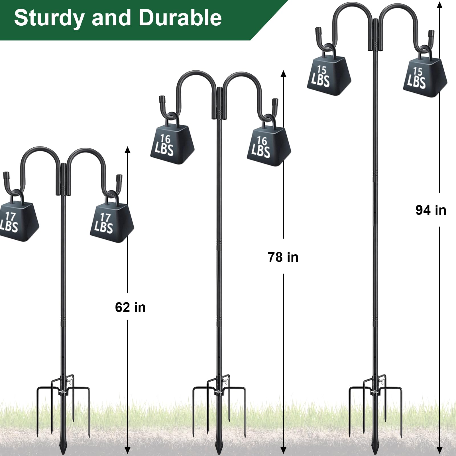 78 Inch Heavy Duty Black Double Shepherd's Hook - Adjustable Bird Feeder Pole with 5-Prong Base - Rustproof Outdoor Hanging Stand for Hummingbird Feeders, Solar Lights, Lanterns & Flower Baskets - Perfect for Garden, Patio and Backyard Decor