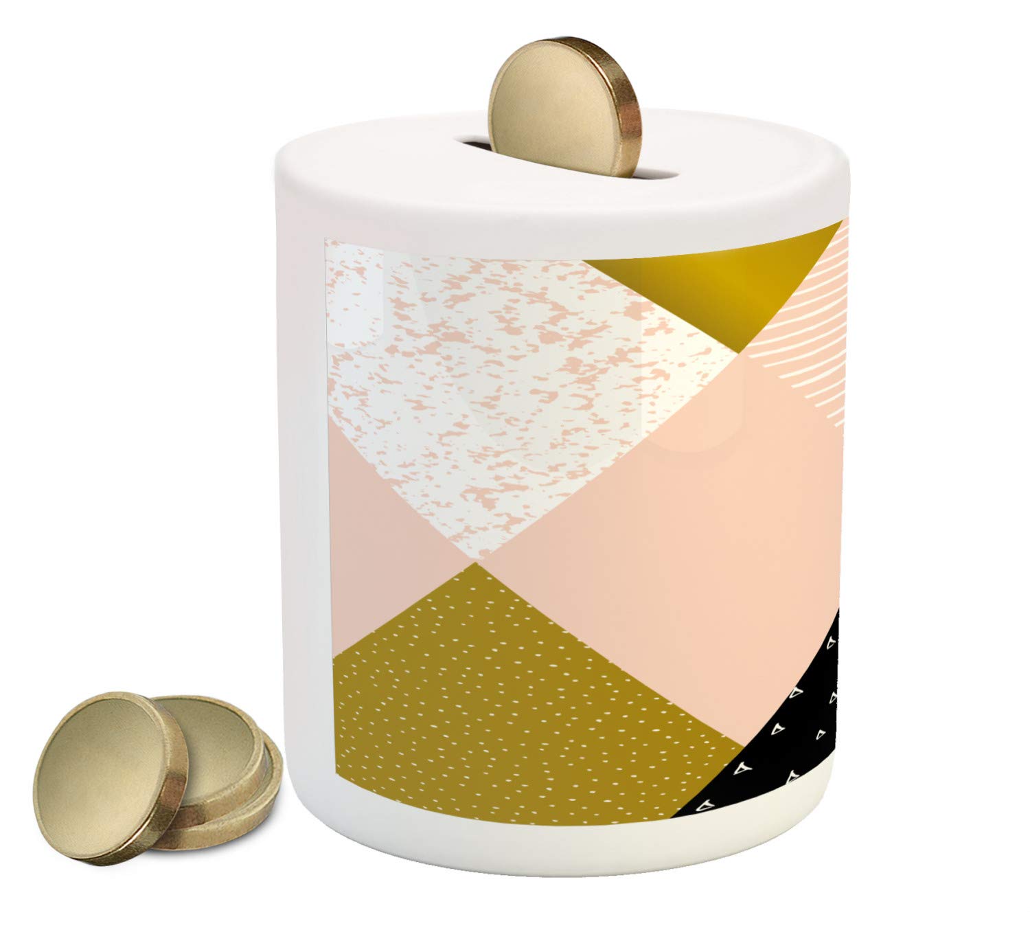 Ambesonne Geometric Piggy Bank - Hand Drawn Vintage Ceramic Money Box with Abstract Dots, Lines & Triangles Design for Cash Saving | Modern Home Decor, Unique Gift for Kids & Collectors, Perfect for Bedroom, Office or Nursery